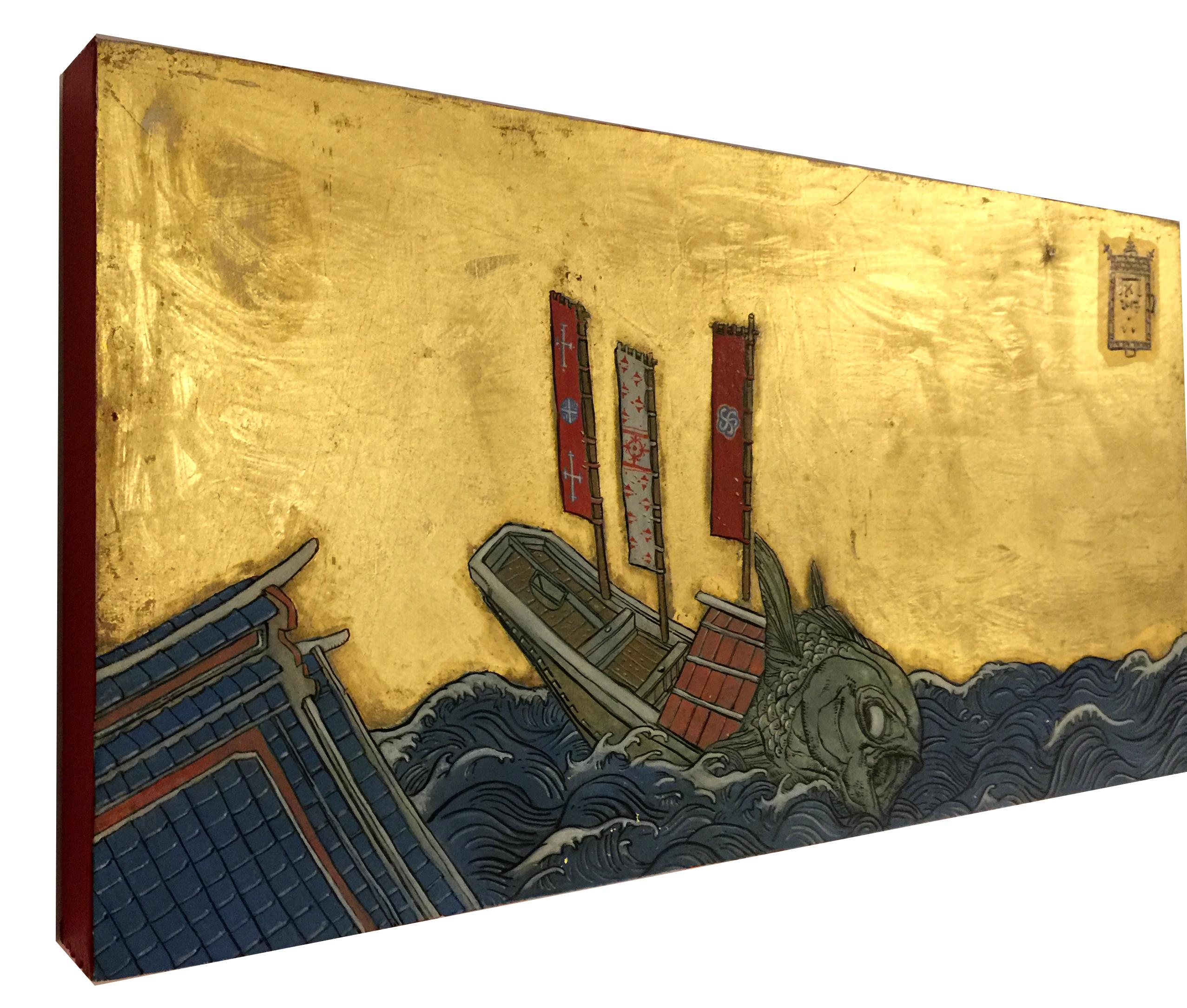 Étude pour un poisson en mer avec trois drapeaux - encre,tempera d'œuf et feuille d'or sur panneau