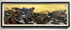 Tempest II - Mythic Japanese Style Sea Scene with Gold Leaf and Surreal Figures