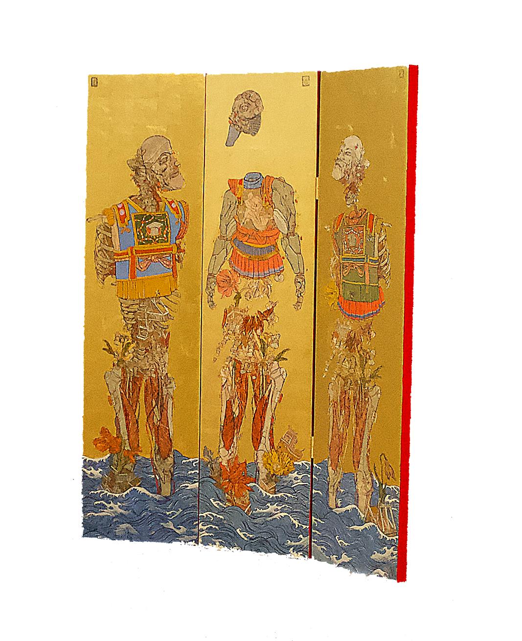 Les Trois Empereurs est un triptyque, dont Papamichalopoulos a créé un paravent Byōbu-ē. Chaque panneau mesure 150x40 cm / 59 x 16 inches.
L'œuvre est créée à l'aide d'encre, de tempérament d'œuf et de feuilles d'or. Illustrées et inspirées de