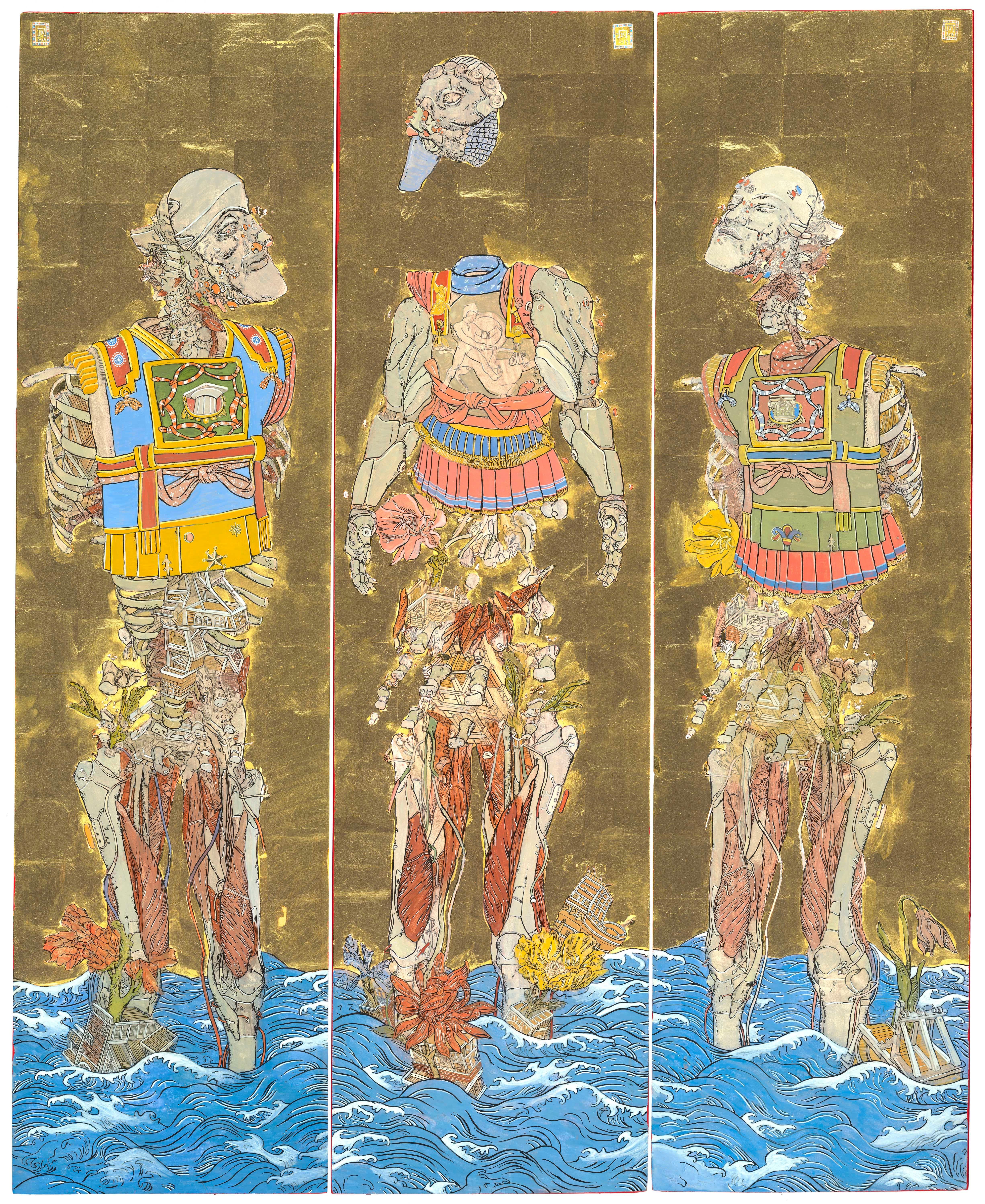 Konstantinos Papamichalopoulos Figurative Painting – Futuristisches Gemälde-Triptychon "Die drei Kaiser" als klappbarer Bybu-Raumteiler