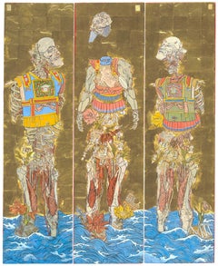 Futuristisches Gemälde-Triptychon "Die drei Kaiser" als klappbarer Bybu-Raumteiler