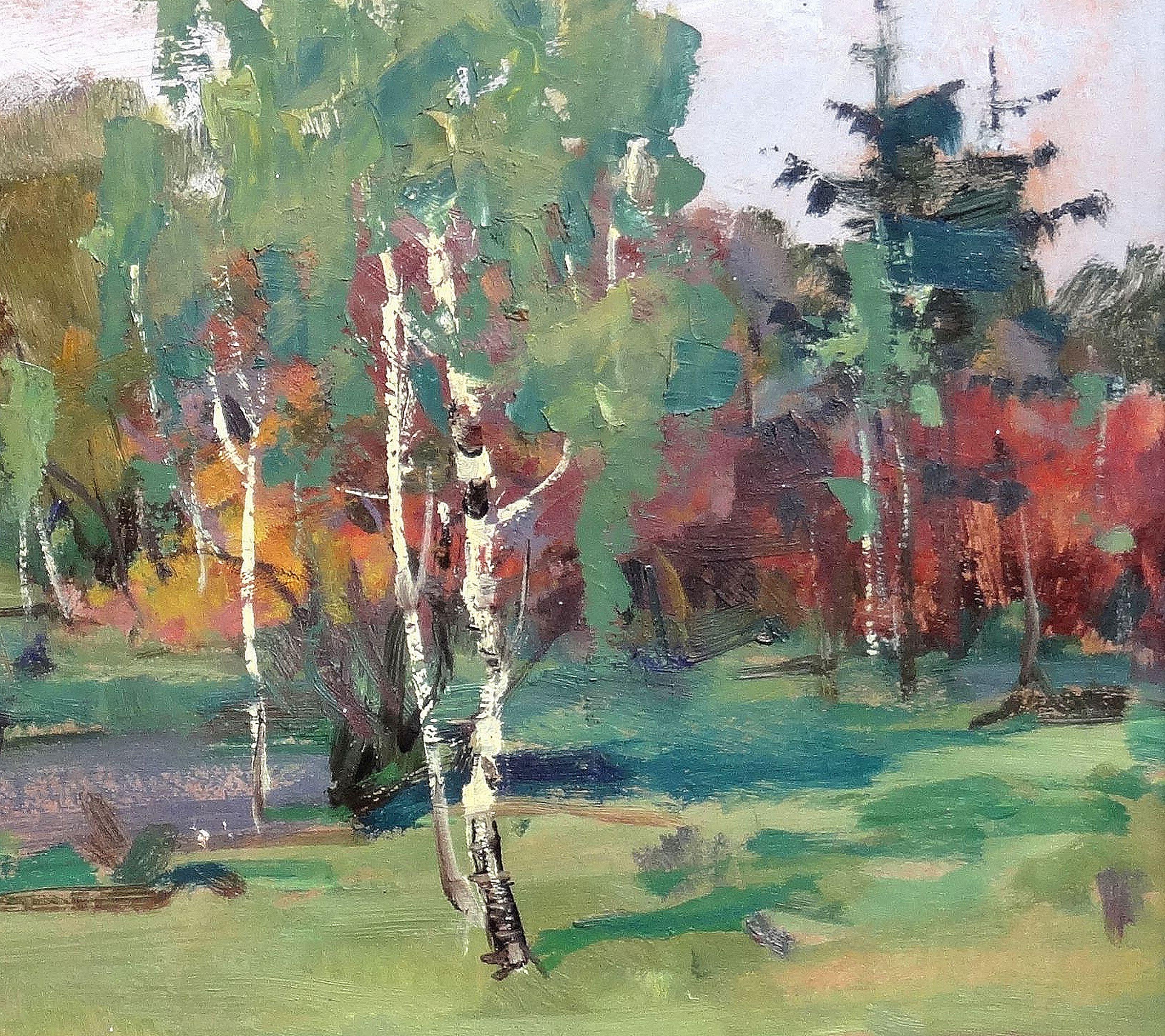 Village. 1975, Öl auf Karton, 54,5x70 cm (Braun), Landscape Painting, von Konstantins Andrejevs