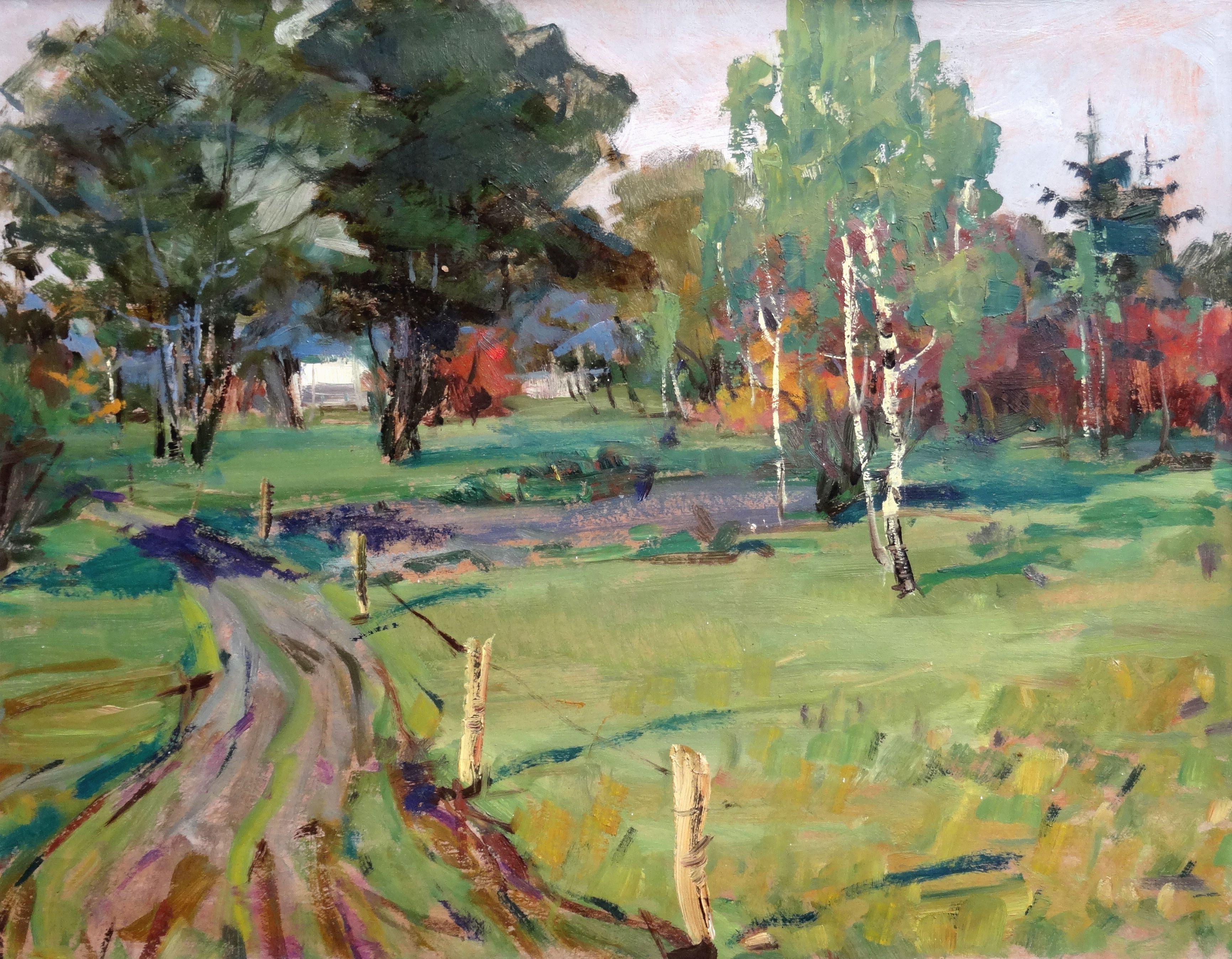 Konstantins Andrejevs Landscape Painting – Village. 1975, Öl auf Karton, 54,5x70 cm