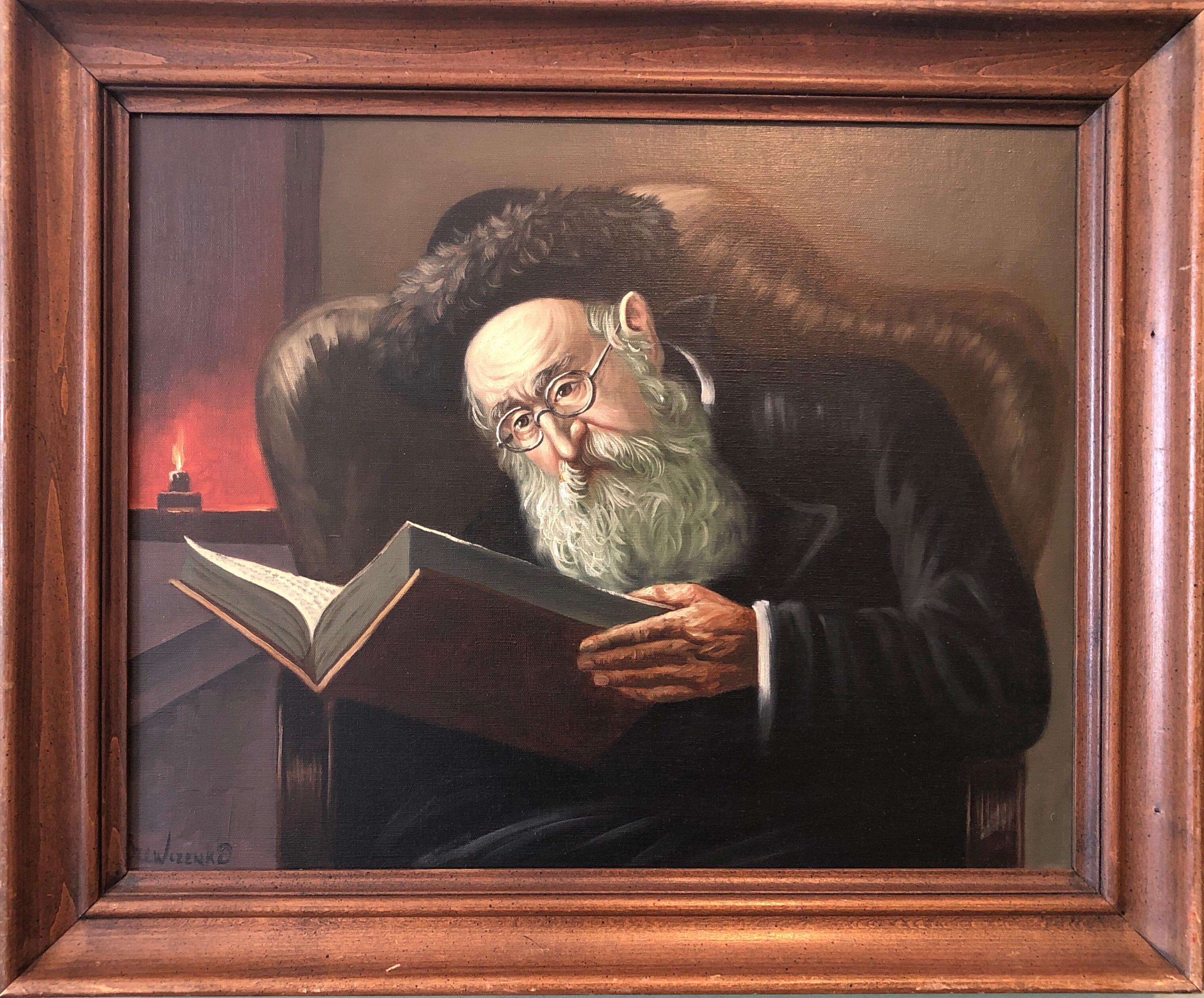 Polish Jewish Art, The Rabbi Studying, Judaica Oil Painting Szewczenko - Brown Interior Painting by KONSTANTY SZEWCZENKO