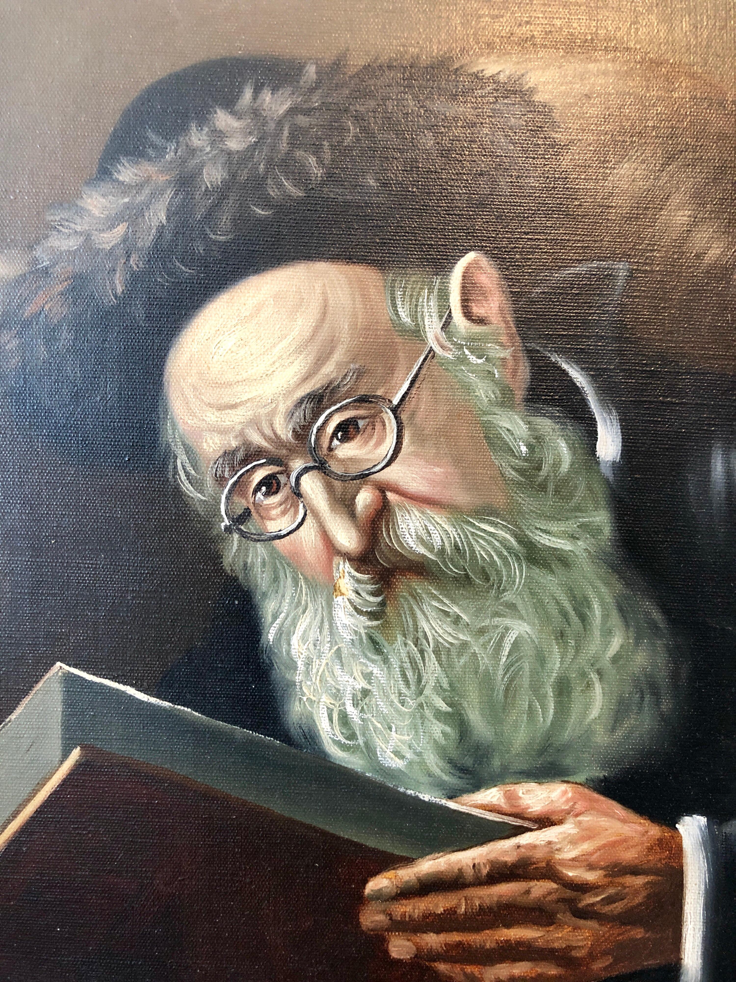 Polish Jewish Art, The Rabbi Studying, Judaica Oil Painting Szewczenko 2