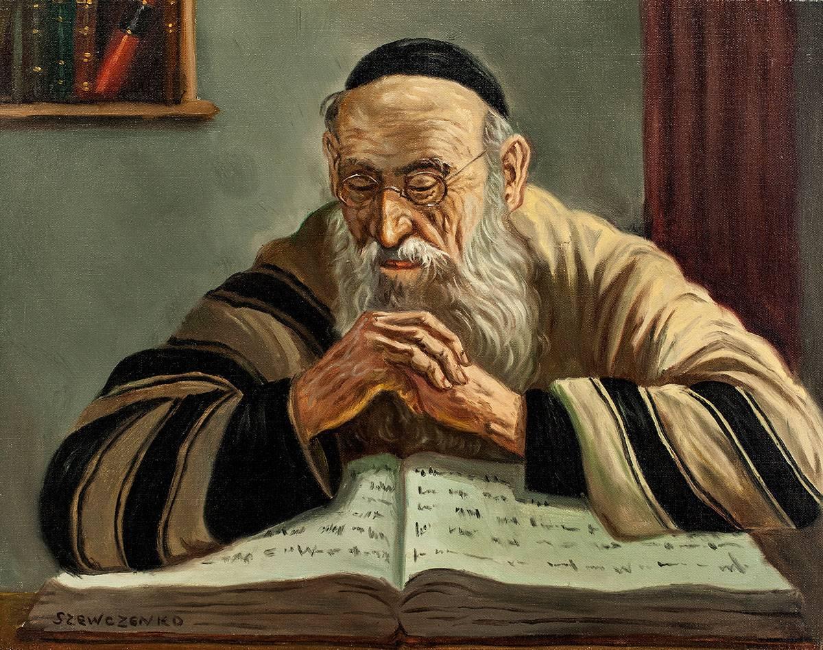 The Scholar, Judaica Oil Painting - Black Portrait Painting by KONSTANTY SZEWCZENKO