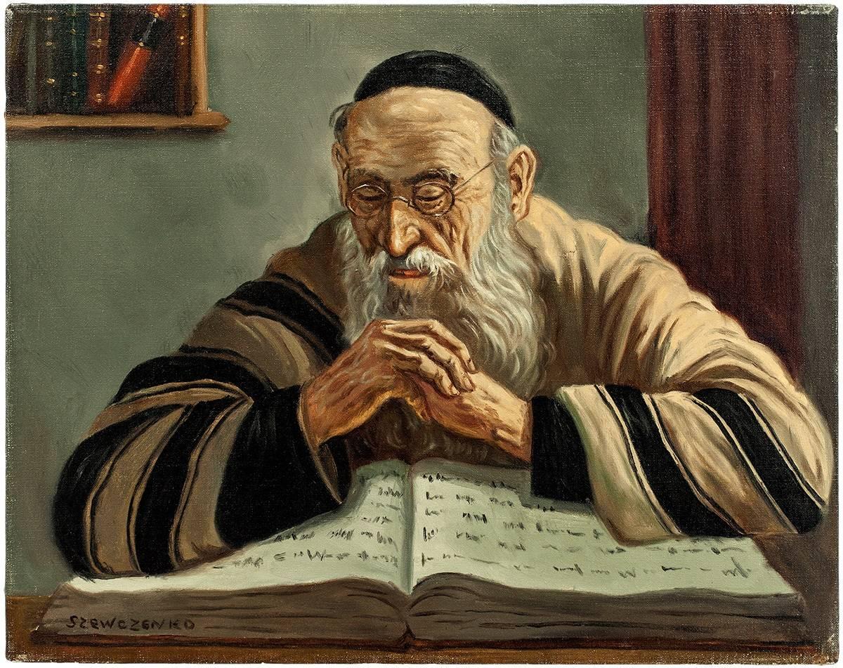 KONSTANTY SZEWCZENKO Portrait Painting - The Scholar, Judaica Oil Painting