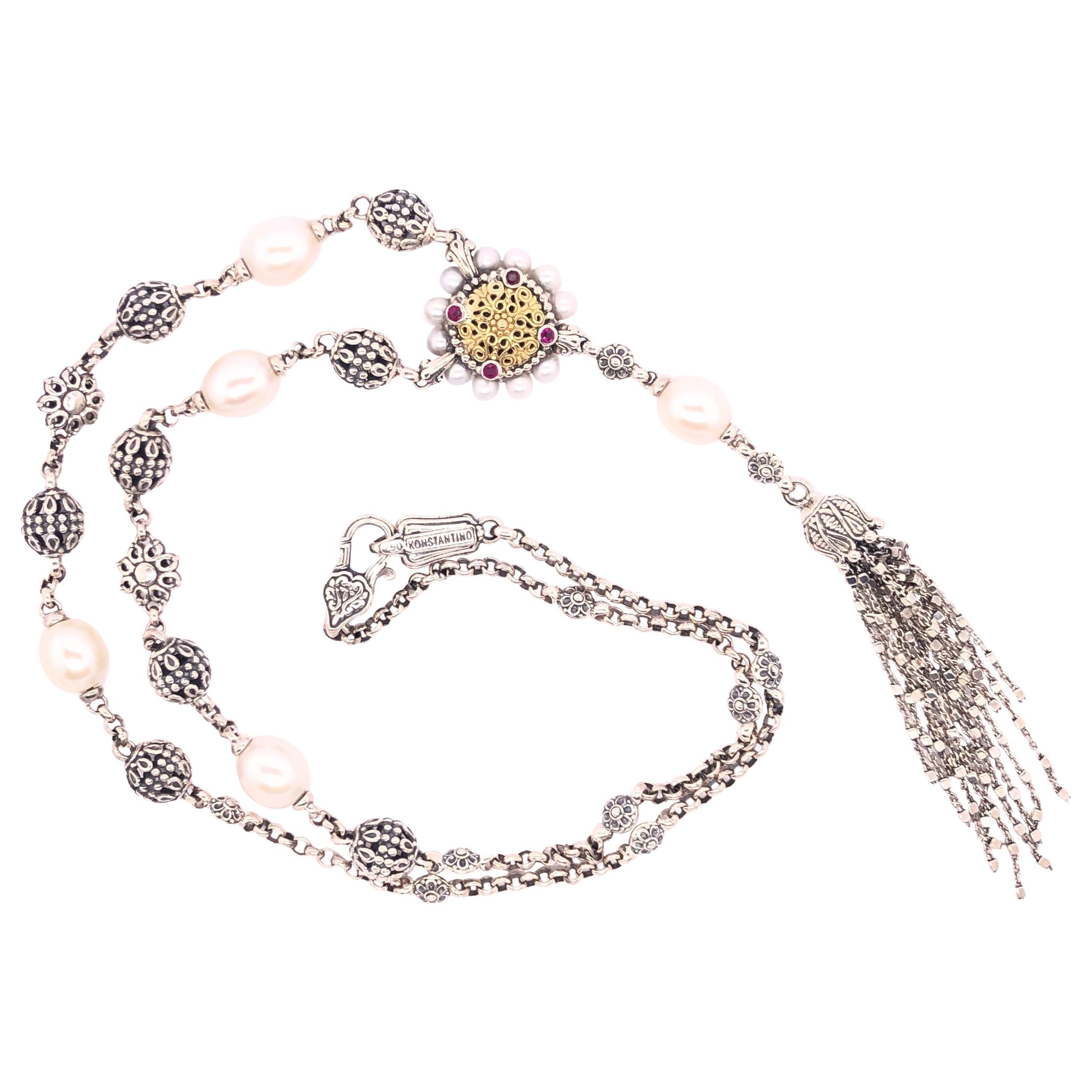 Konstatino Silver and Gold Pearl, Ruby, White Topaz Tassel Necklace  For Sale