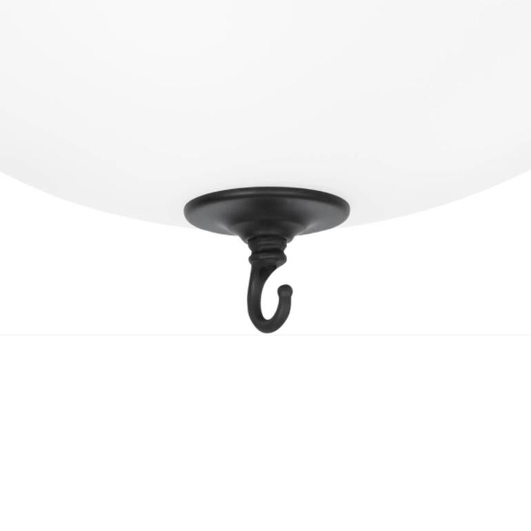 Ceiling lamp model Stävie designed by Konsthantverk and manufactured by themselves. 

Flush mount lamp in matte white glass and metal. Works on its own, or to hold a chandelier (the ceiling cup has a connection terminal). Includes both open hook