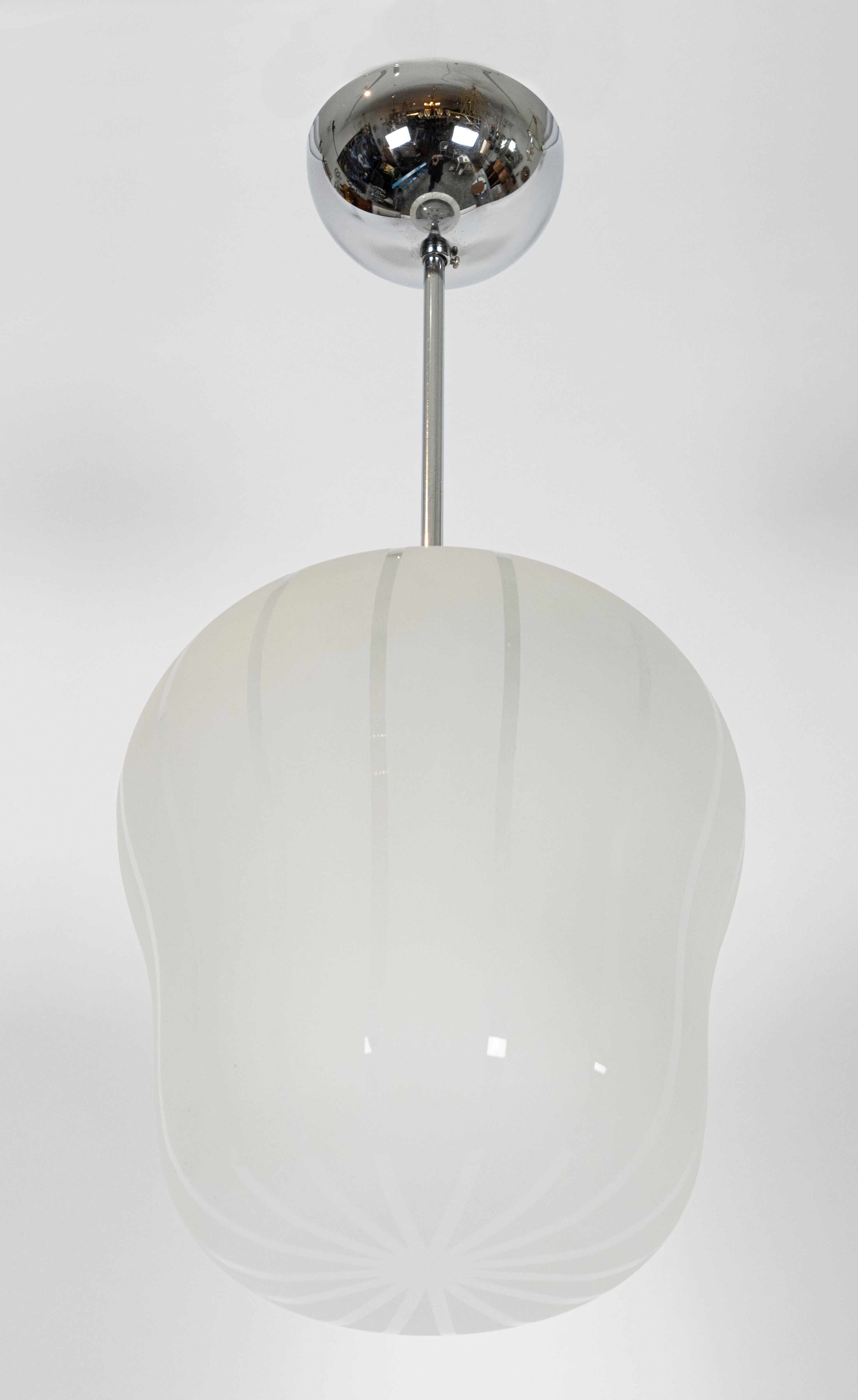 Mid-20th Century Konsthanverk Etched Glass and Chrome Pendant For Sale