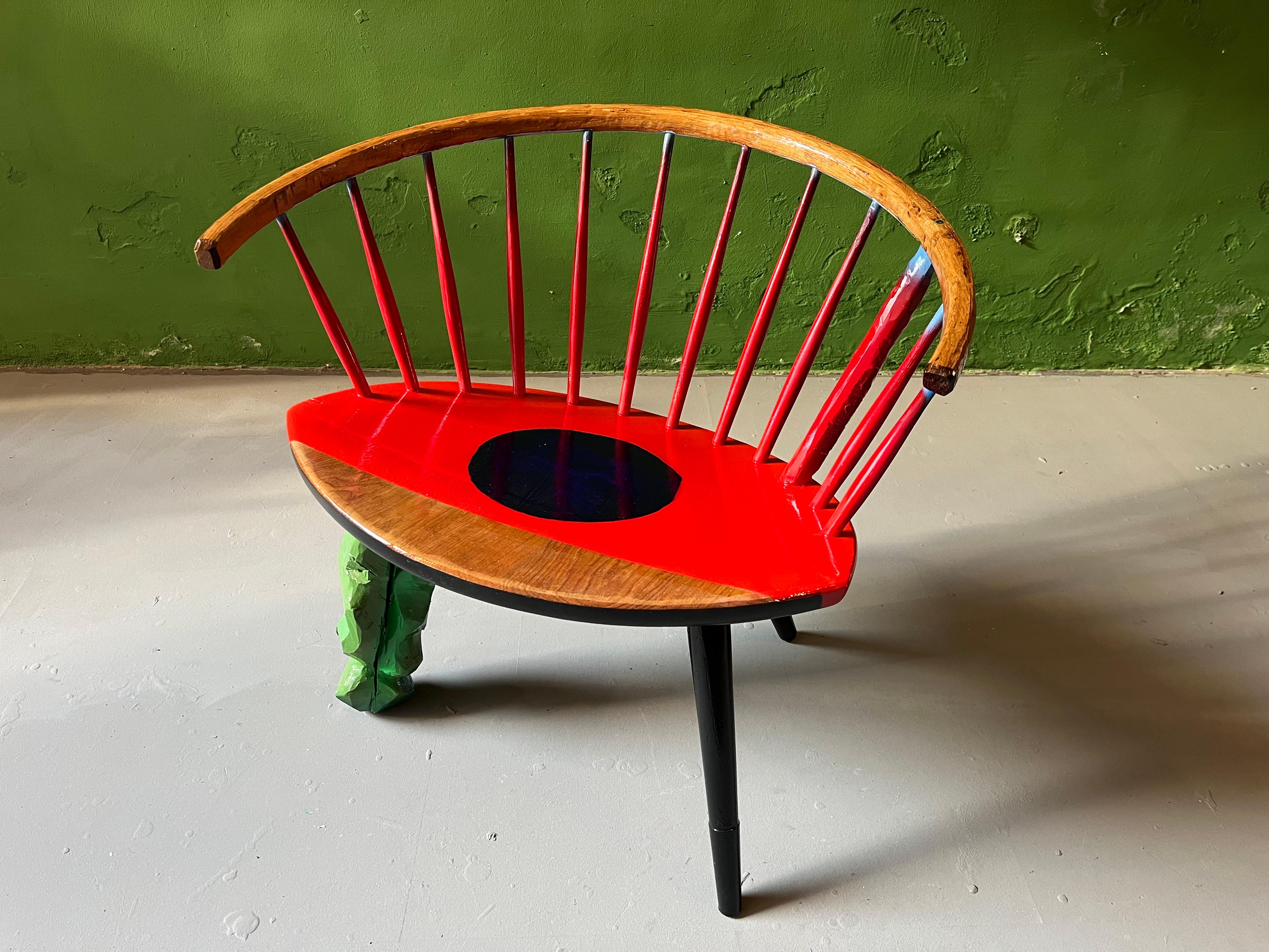 Yngve Ekströms Arka chair de-constructed, cutted, painted, spray-painted, multi-lacquered in high gloss by german fuctional artist Markus Friedrich Staab. This piece of mass production is made to be a one of a kind conversation piece und very