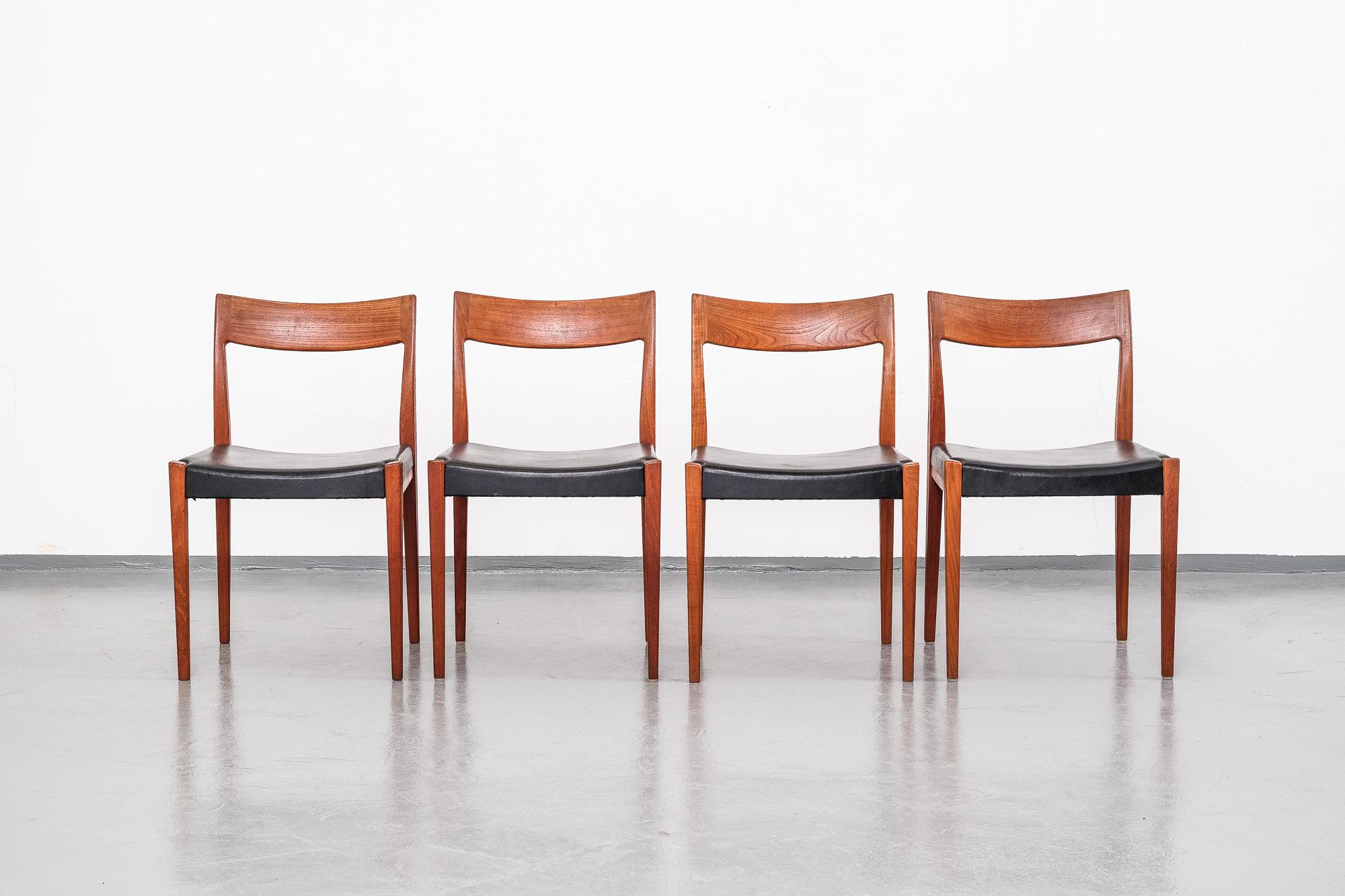 Set of 4 'Kontiki' dining chairs, designed by Yngve Ekström for Troeds. Teak frame, black leatherette upholstery.