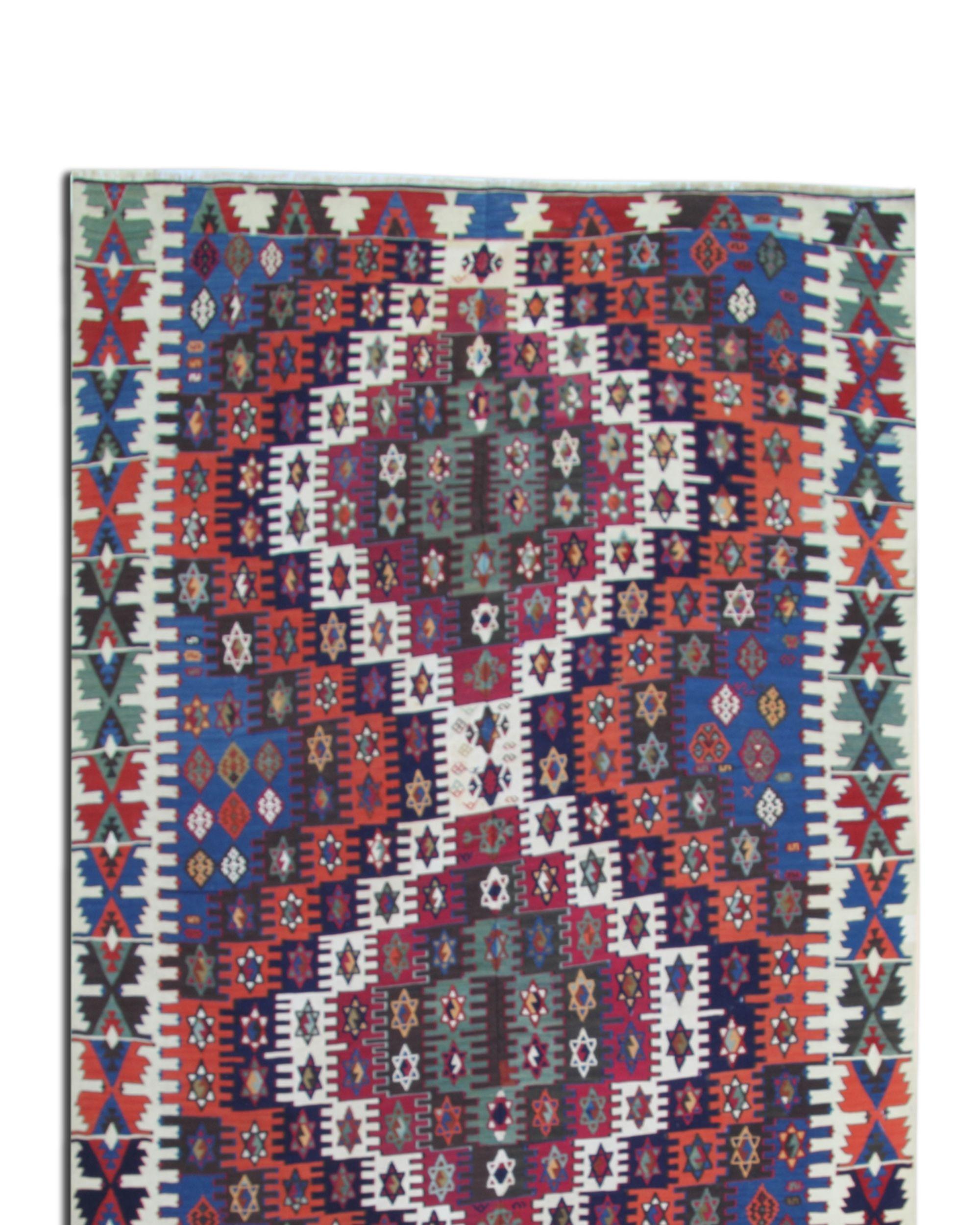 Art Nouveau Konya Kilim Runner Rug 1930, Tribale Geometrico in lana a trama piatta 350x170cm in vendita