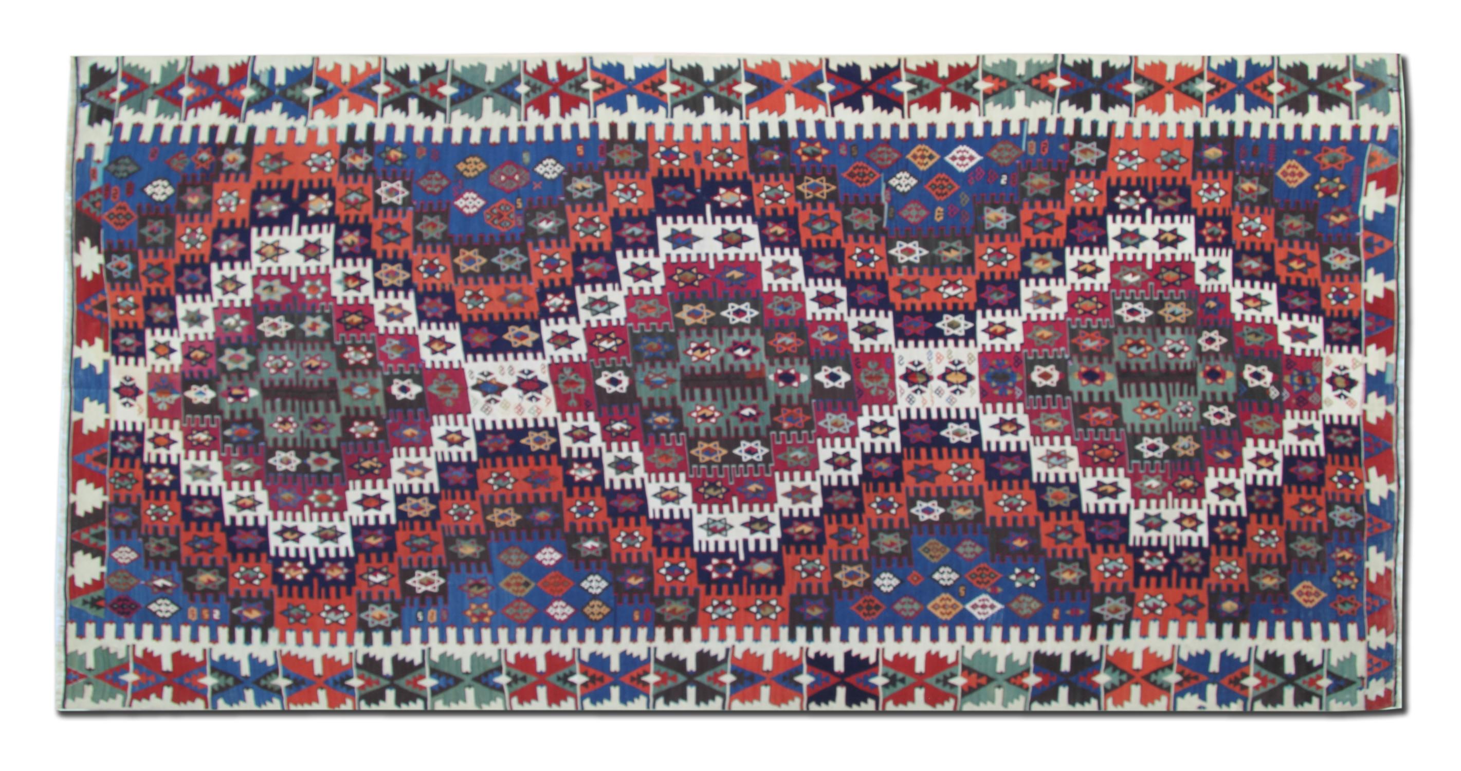 Konya Kilim Runner Rug 1930, Tribale Geometrico in lana a trama piatta 350x170cm In condizioni ottime in vendita a Wembley, GB
