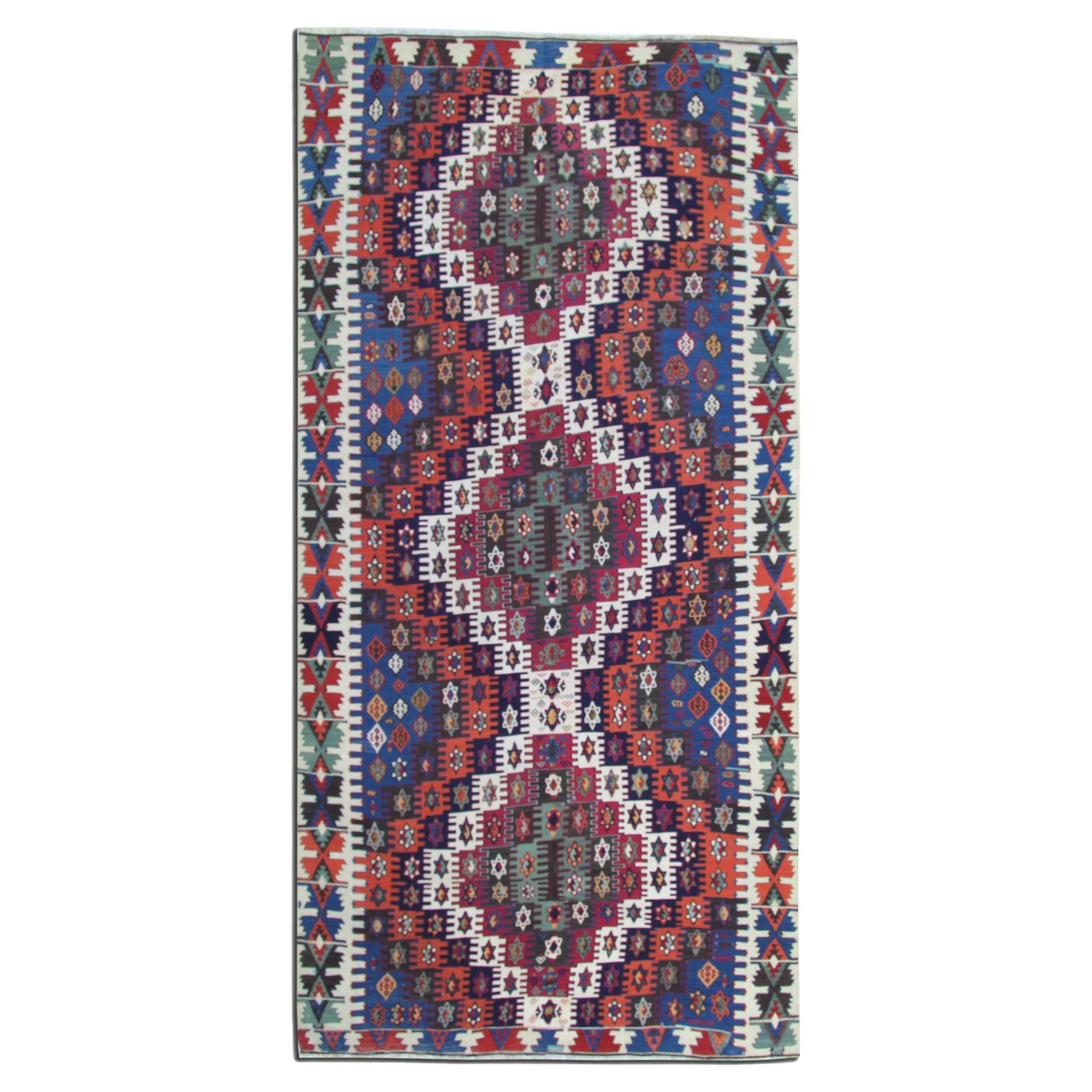 Konya Kilim Läufer Teppich 1930er Jahre, Tribal Geometric Wolle Flachgewebe 350x170cm