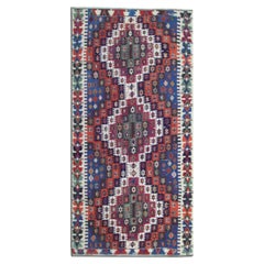 Konya Kilim Runner Rug 1930s, Tribal Geometric Wool Flatweave 350x170cm