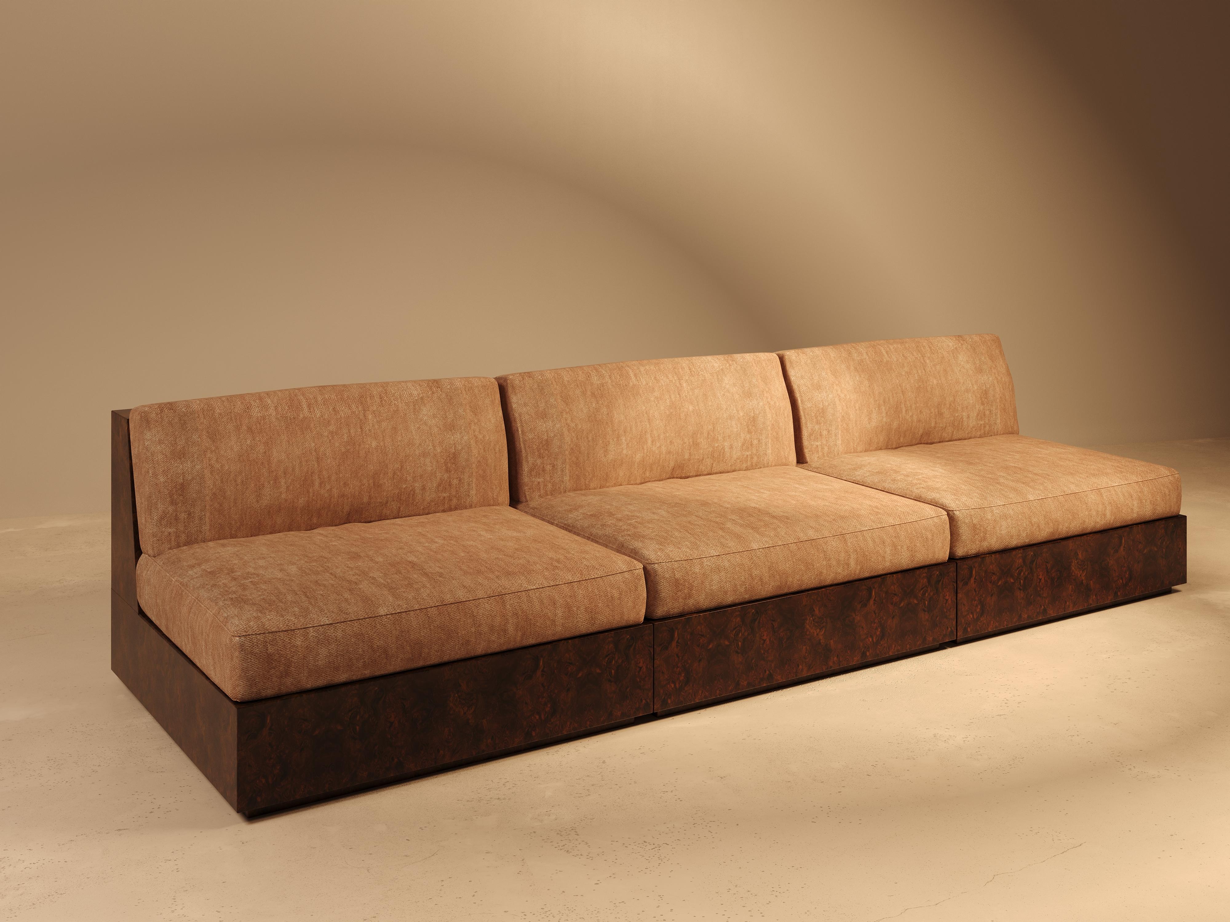Modern Koohdasht I Modular Sofa – Glossy Burl Wood with Upholstered in DEDAR For Sale