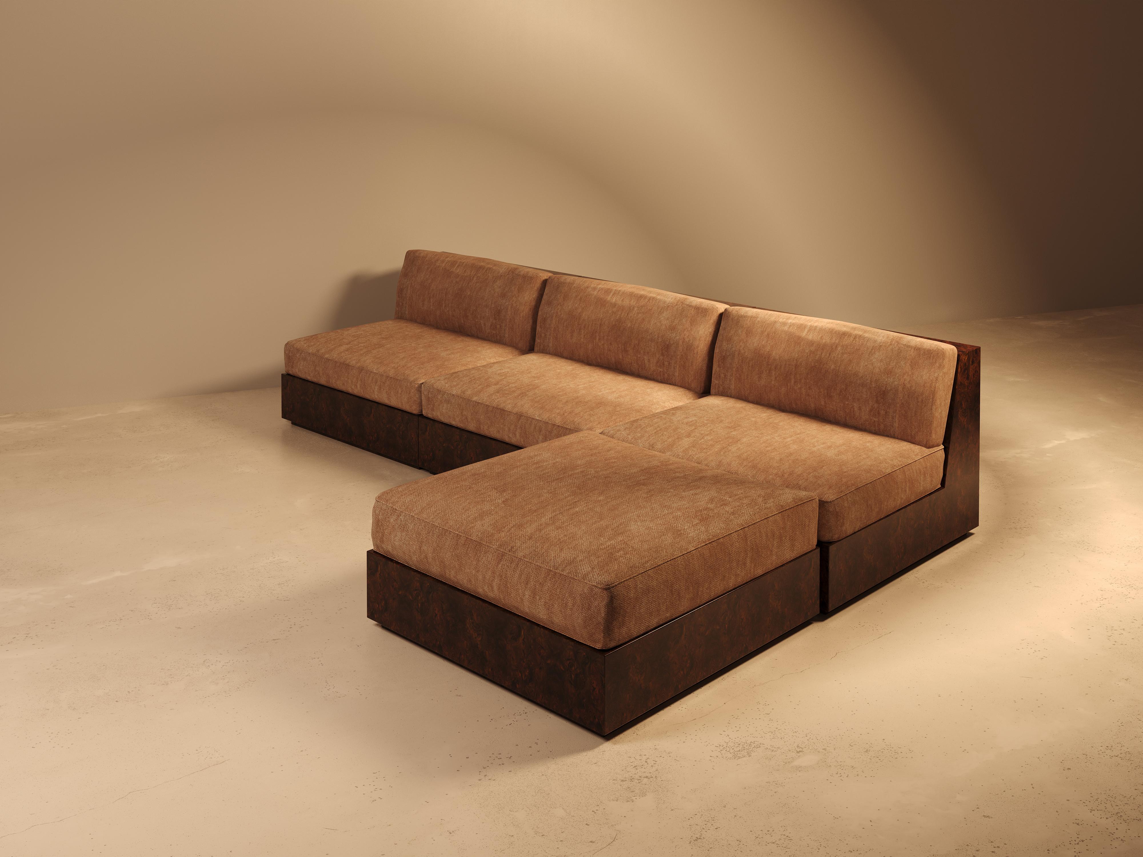 Italian Koohdasht I Modular Sofa ��– Glossy Burl Wood with Upholstered in DEDAR For Sale