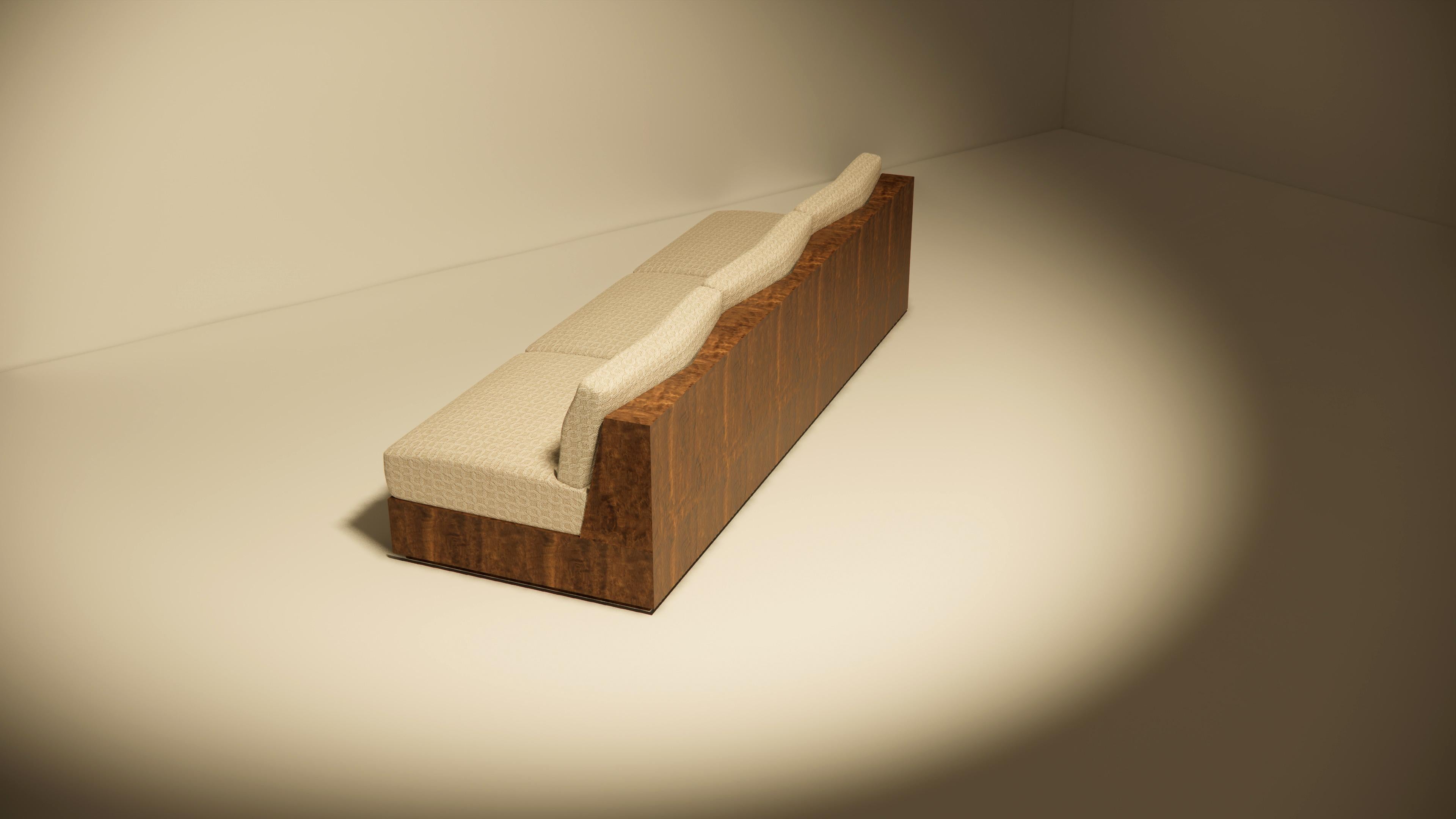 Koohdasht I Modular Sofa – Sculptural Walnut Base with Upholstered Cube in Dedar For Sale 2