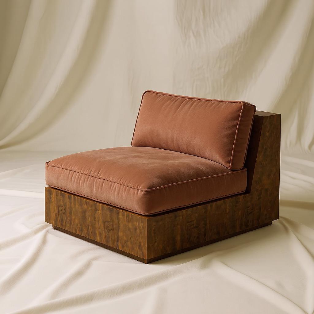 Koohdasht I Modular Sofa – Sculptural Walnut Base with Upholstered Cube in Dedar For Sale 4