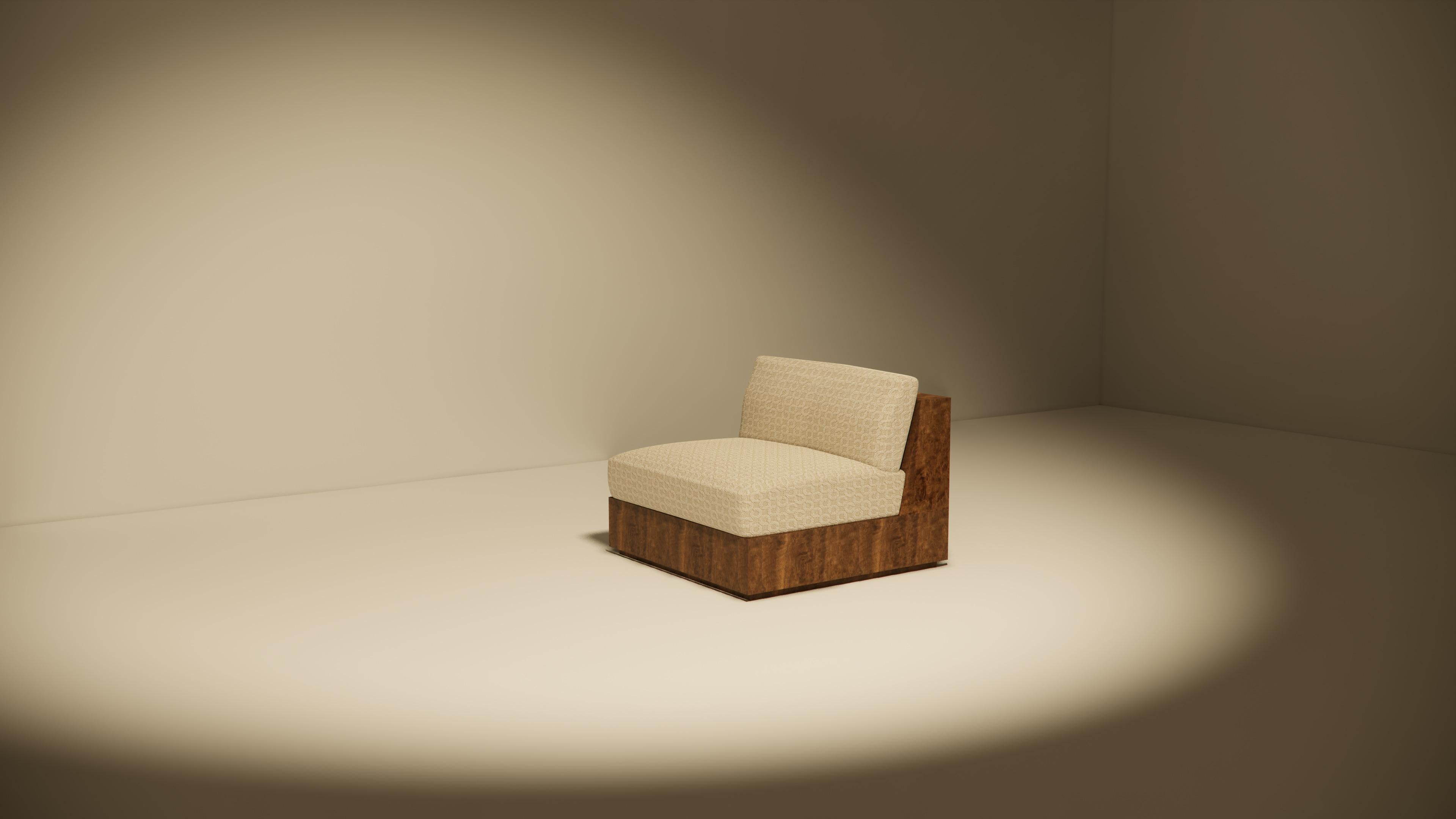 Fabric Koohdasht I Modular Sofa – Sculptural Walnut Base with Upholstered Cube in Dedar For Sale