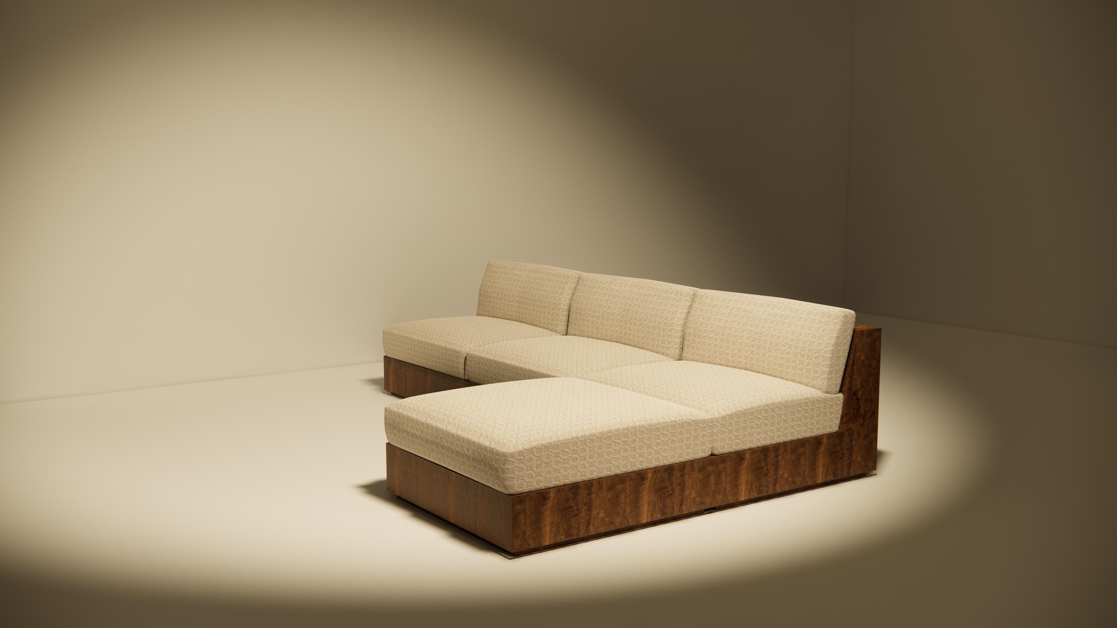 Koohdasht I Modular Sofa – Sculptural Walnut Base with Upholstered Cube in Dedar For Sale 1