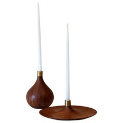 "Kookay" Pair of Solid Tropical Wood and Bronze Candlesticks