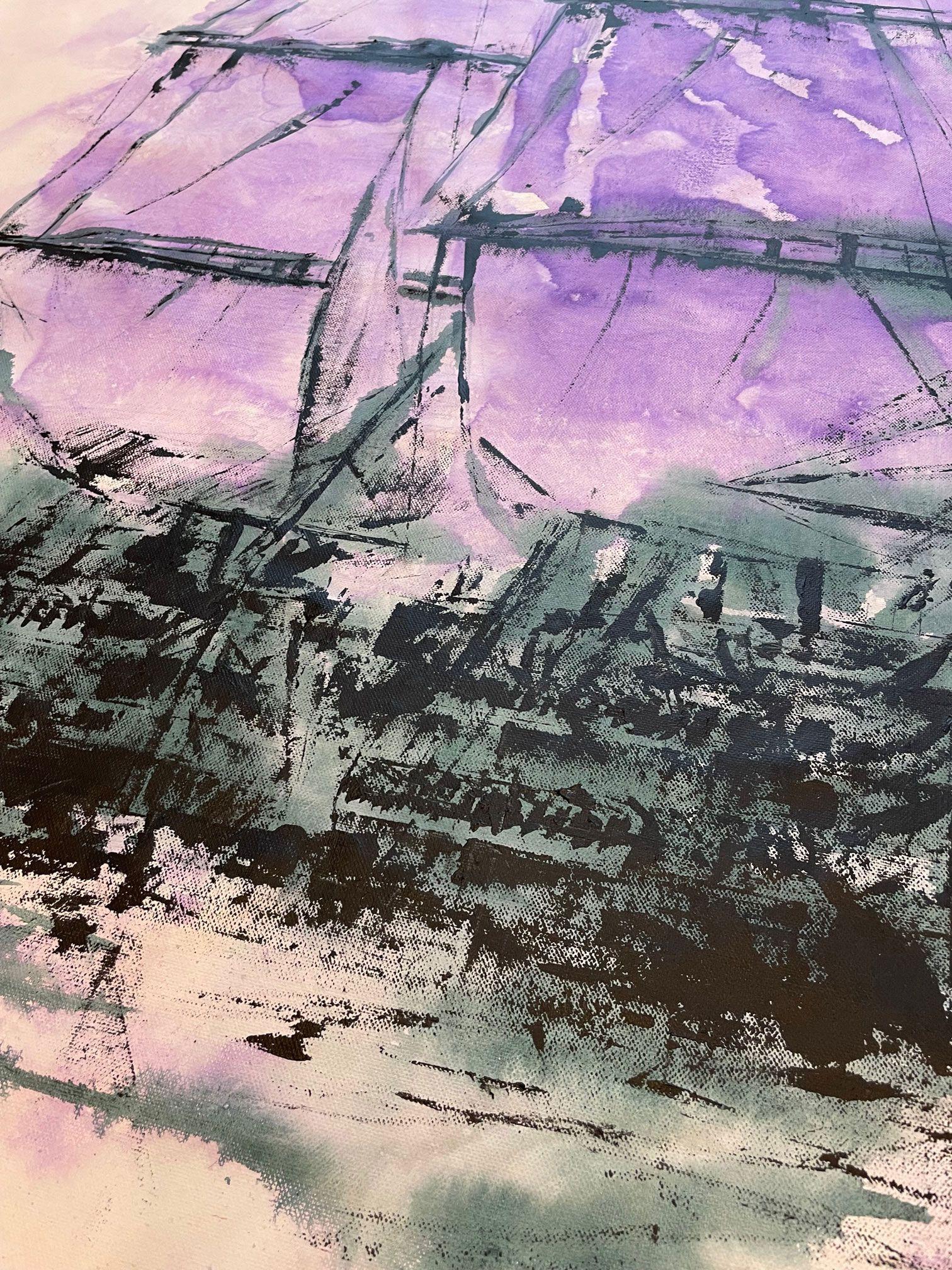 Armada is my modern impressionist take of HMS Victory, HMS Temeraire and HMS Neptune leading either column towards the combined fleet, off Cape Trafalgar, 21st October 1805. The article is painted in green and purple to give a modern feel to the