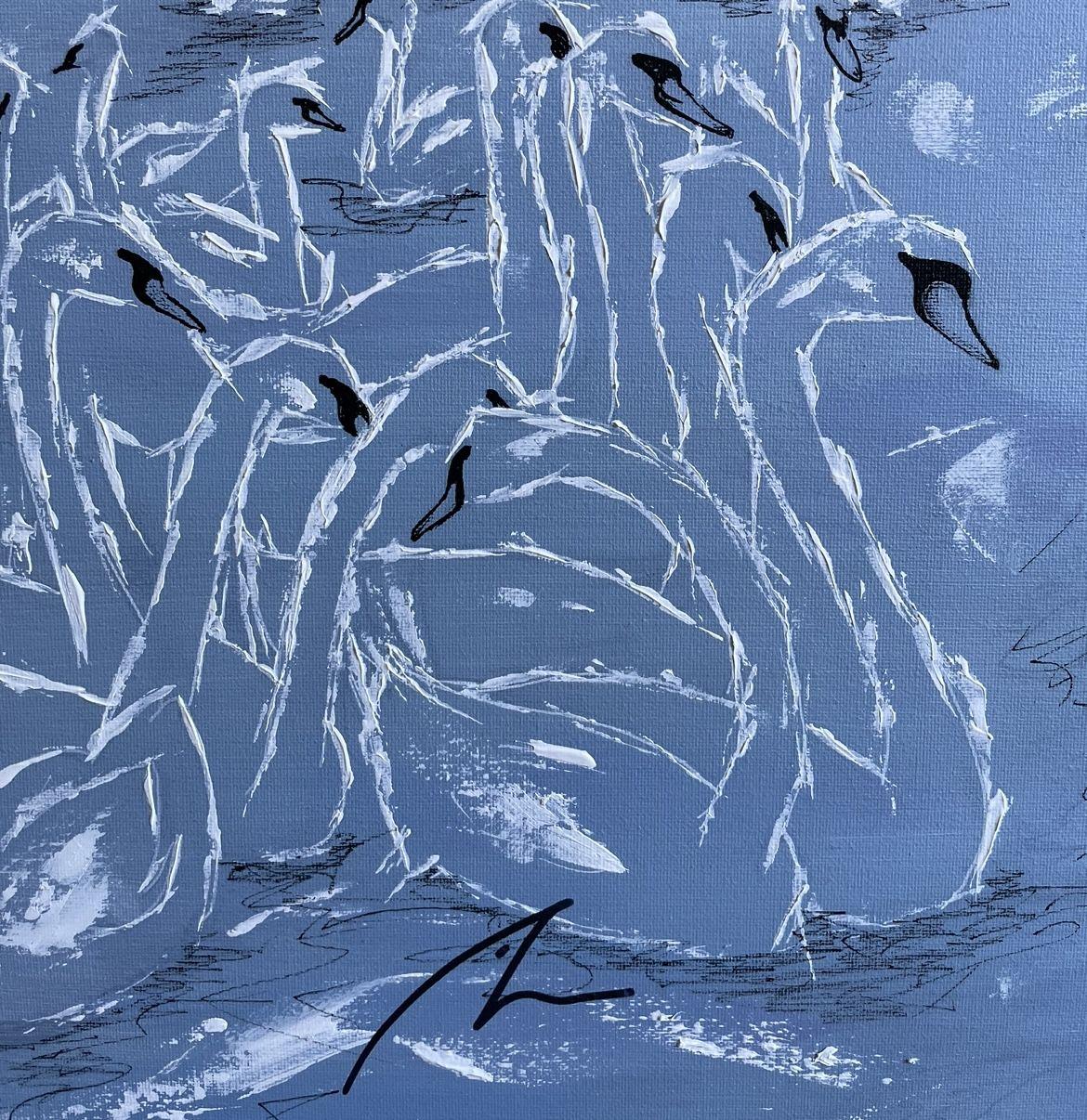 Flock is a depiction of the Charles bridge in Prague. The painting is done over a warm blue background. The bridge is drawn with pigment, the flock of white swans are done with rough strokes of a pallet knife.  :: Painting :: Expressionism :: This