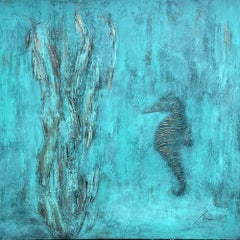 Golden Seahorse - Contemporary Marine Art -80x80cm, Painting, Acrylic on Canvas