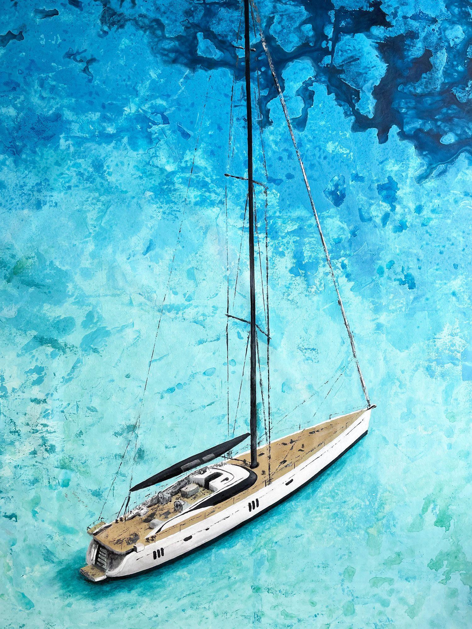 Oyster 745 - Luxury Yacht - Peinture grand format, peinture, acrylique sur toile - Contemporain Painting par Koorosh Nejad