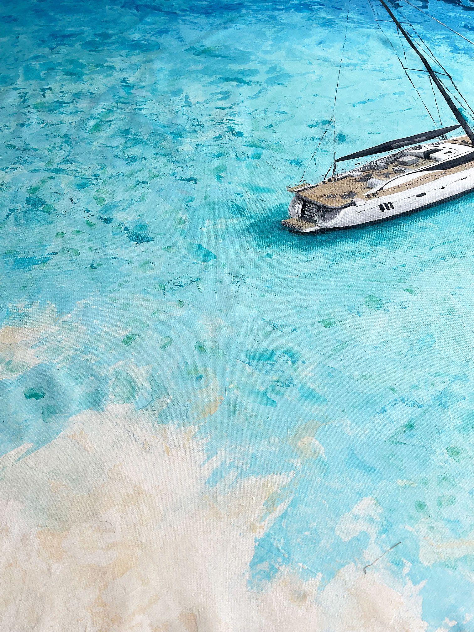 Oyster 745 est une version moderne du yacht de luxe Oyster 745. Le tableau du yacht blanc ancré dans un lagon de till par une journée ensoleillée. L'article est en acrylique sur toile et mesure 140 cm de large sur 140 cm de haut.     Le fond de