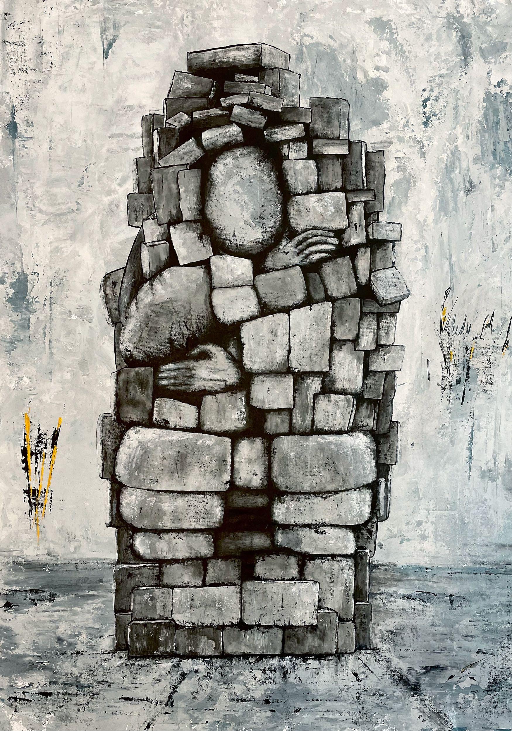 The Stuck is a depiction of a human stuck in his own thoughts. His thoughts are illustrated as bricks and stone blocks that buried him. His feet already hardened and became rocks grounding him down. The source of our problems seems to have roots