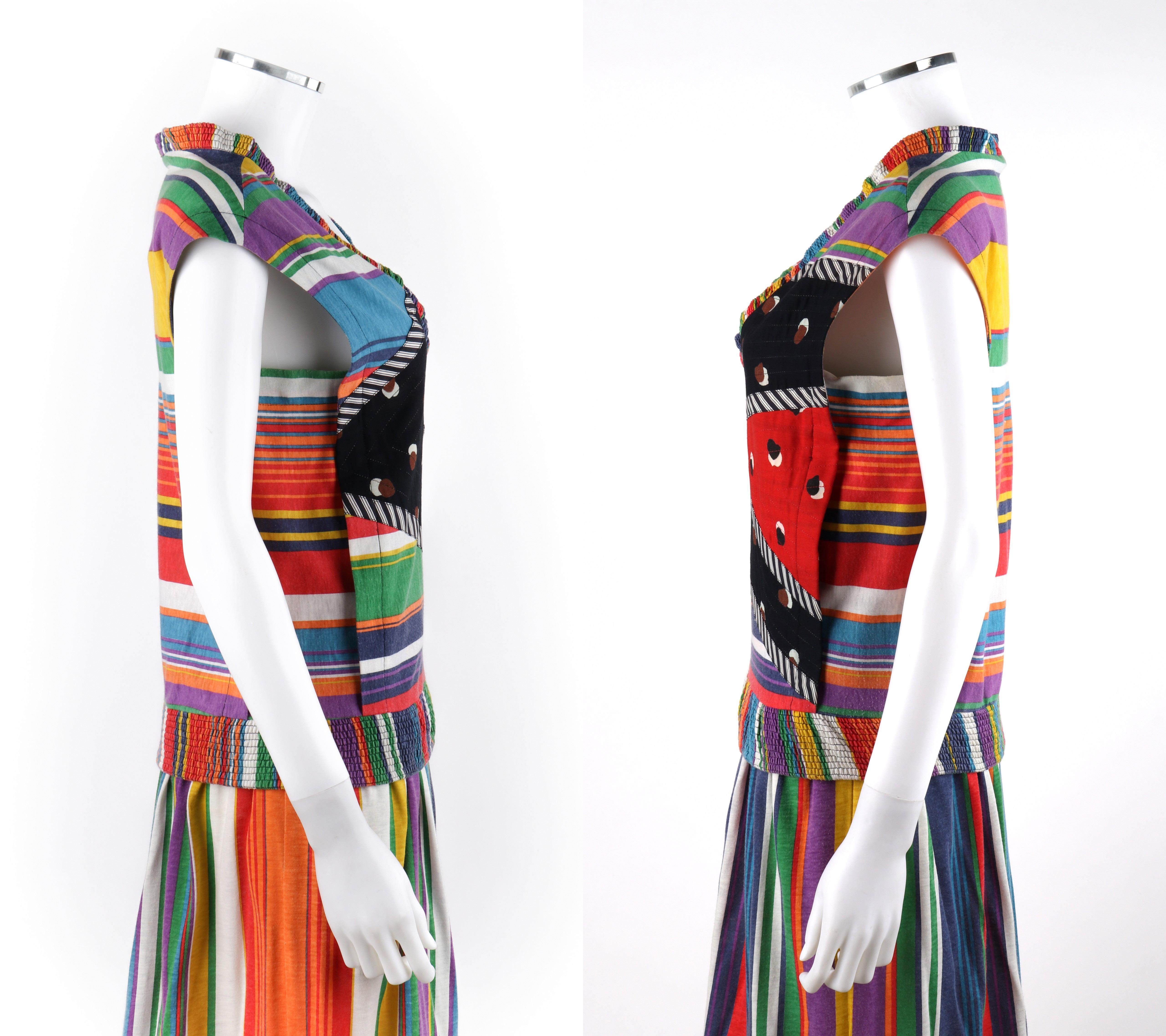 Black KOOS VAN DEN AKKER c.1980's 2pc Multicolor Striped Boho Shirt & Skirt Resort Set