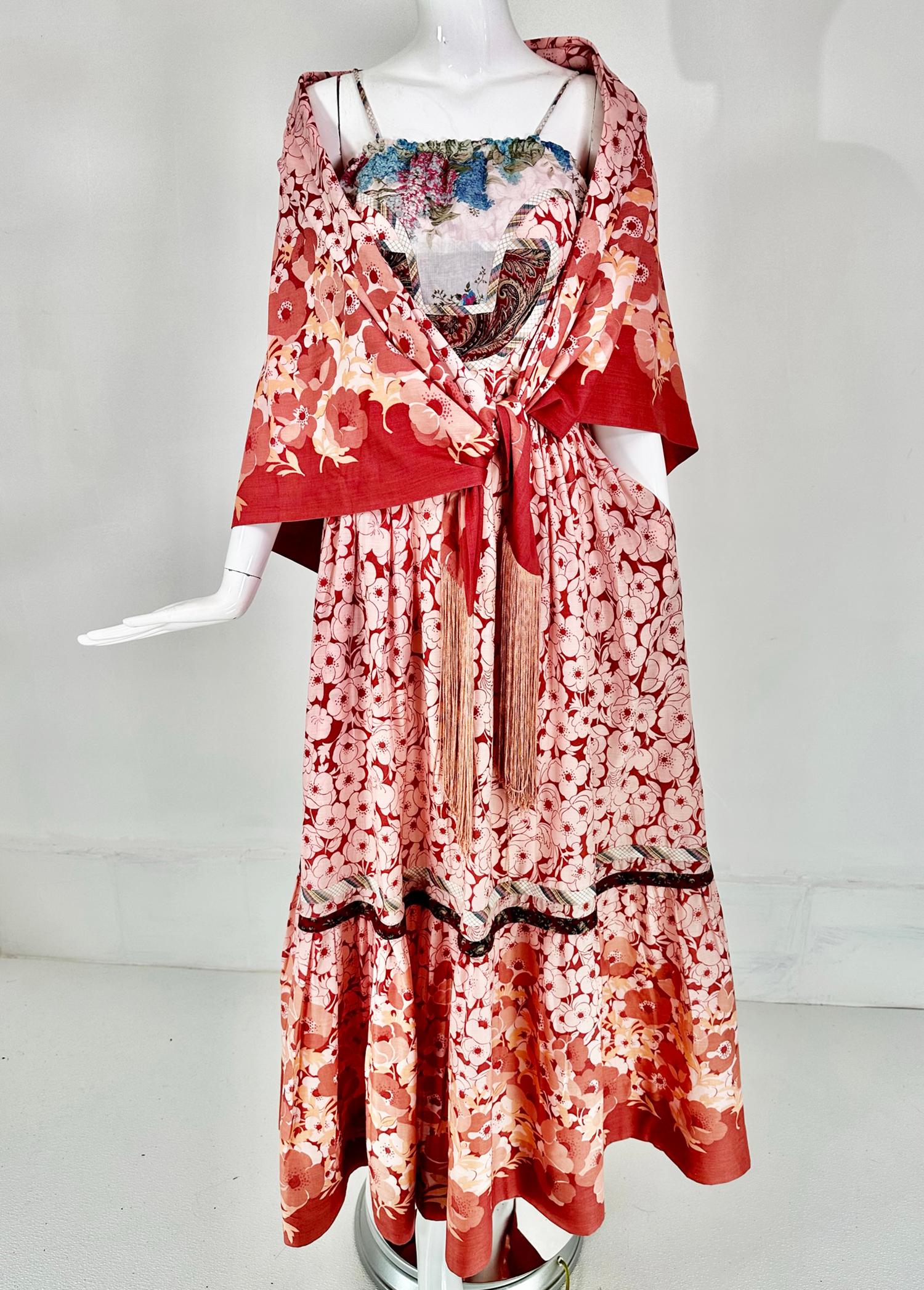 Koos van den Akker 1970s floral cotton patchwork peasant maxi dress & matching fringe shawl. A beautiful example of Koos early work, using a bold cotton floral border print in shades of brick red. The pull on dress has narrow spaghetti straps, the