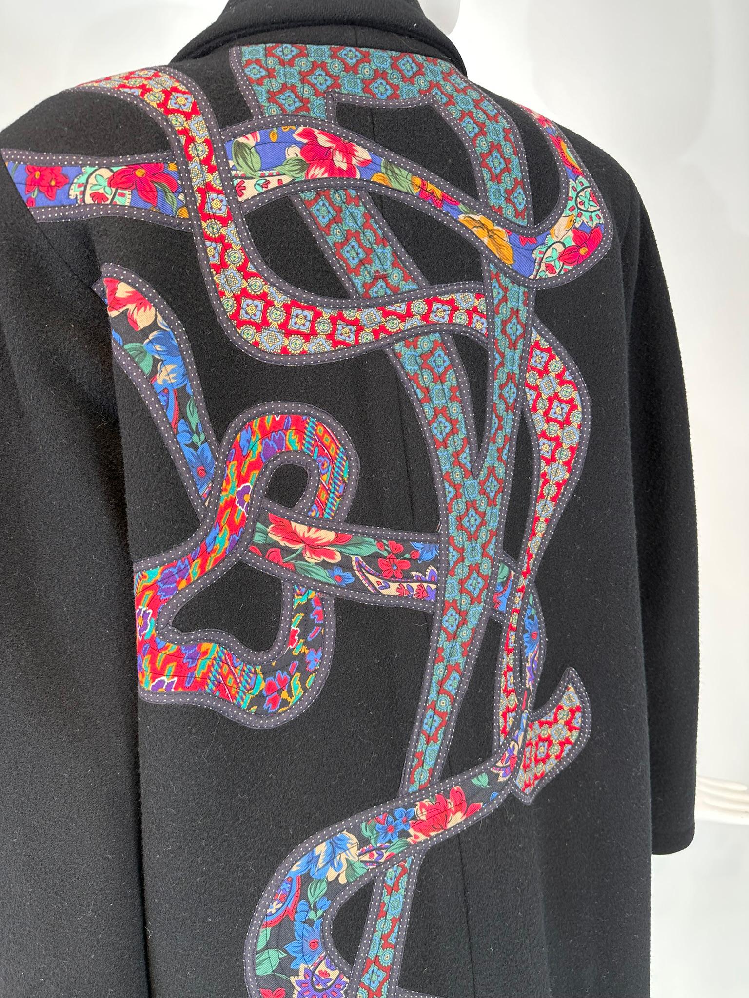 Koos Van Den Akker 1980s Black Wool  Abstract Art To Wear Applique Coat Medium For Sale 7