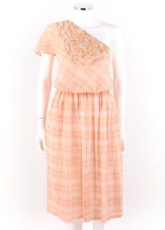 KOOS VAN DEN AKKER c.1970's 2 Piece Peach Plaid One Shoulder Top Skirt Suit Set