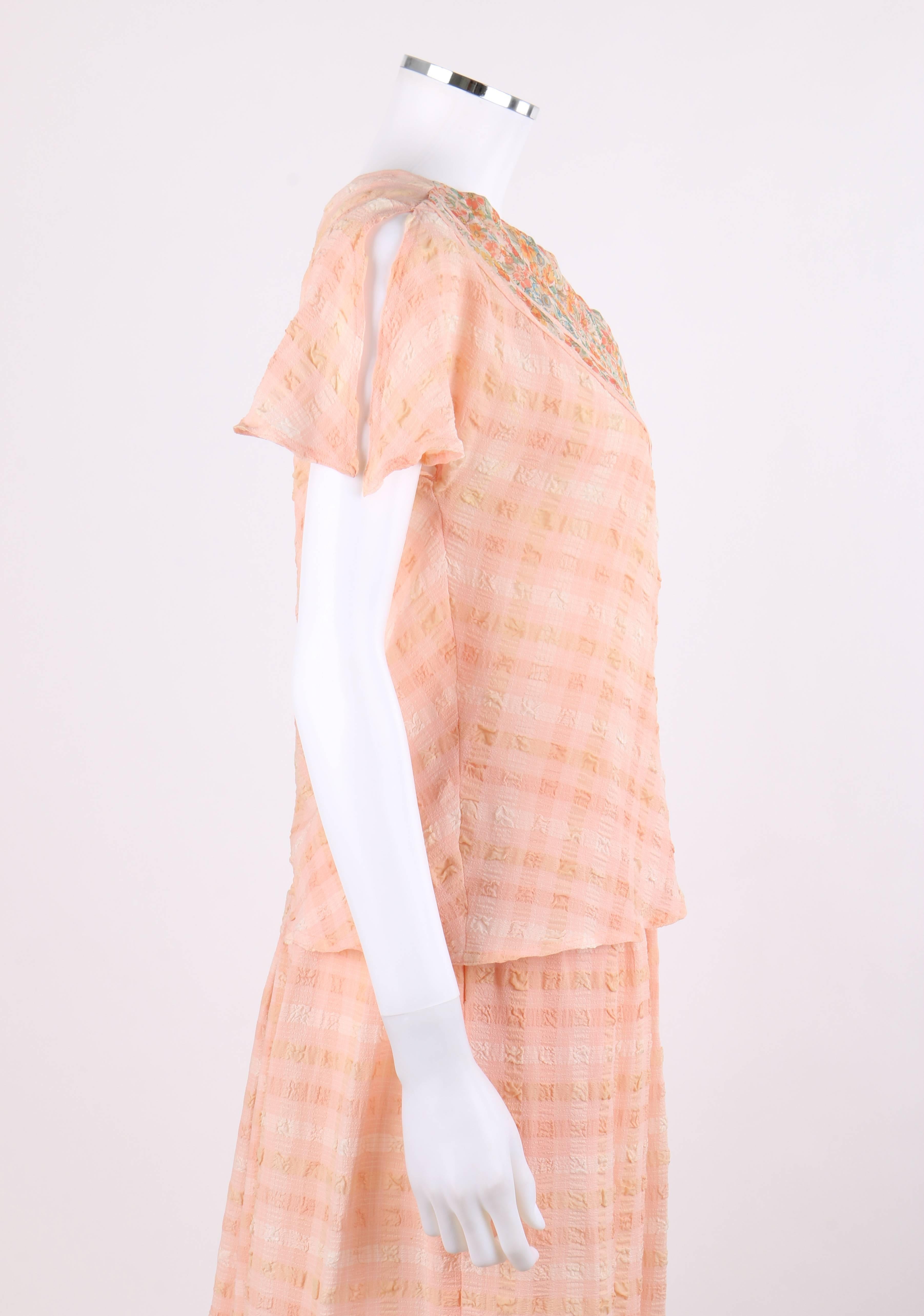 KOOS VAN DEN AKKER c.1970's 2 Piece Peach Plaid One Shoulder Top Skirt Suit Set In Good Condition In Thiensville, WI