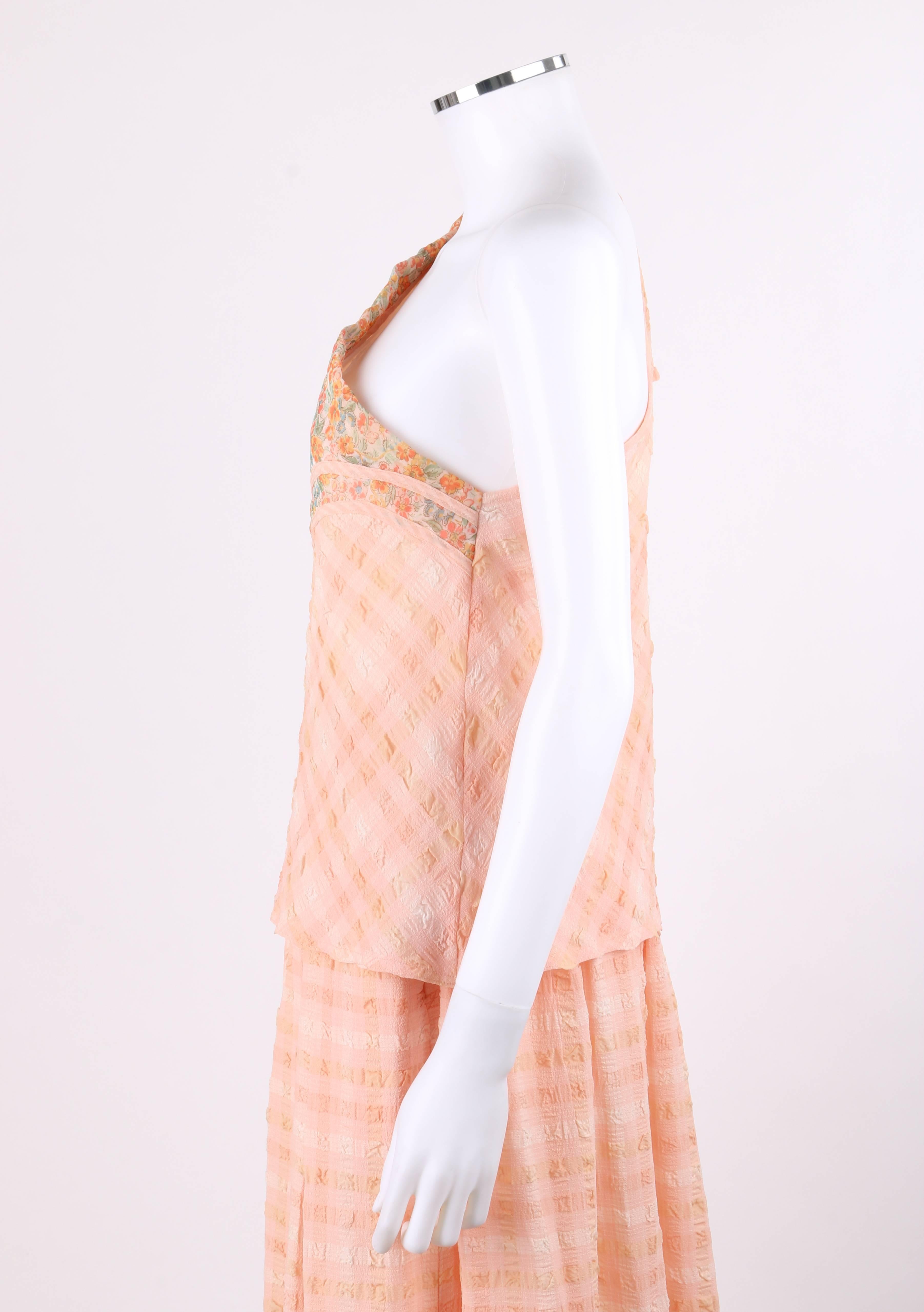 KOOS VAN DEN AKKER c.1970's 2 Piece Peach Plaid One Shoulder Top Skirt Suit Set 1