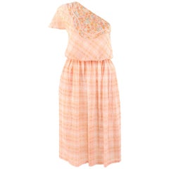 KOOS VAN DEN AKKER c.1970's 2 Piece Peach Plaid One Shoulder Top Skirt Suit Set