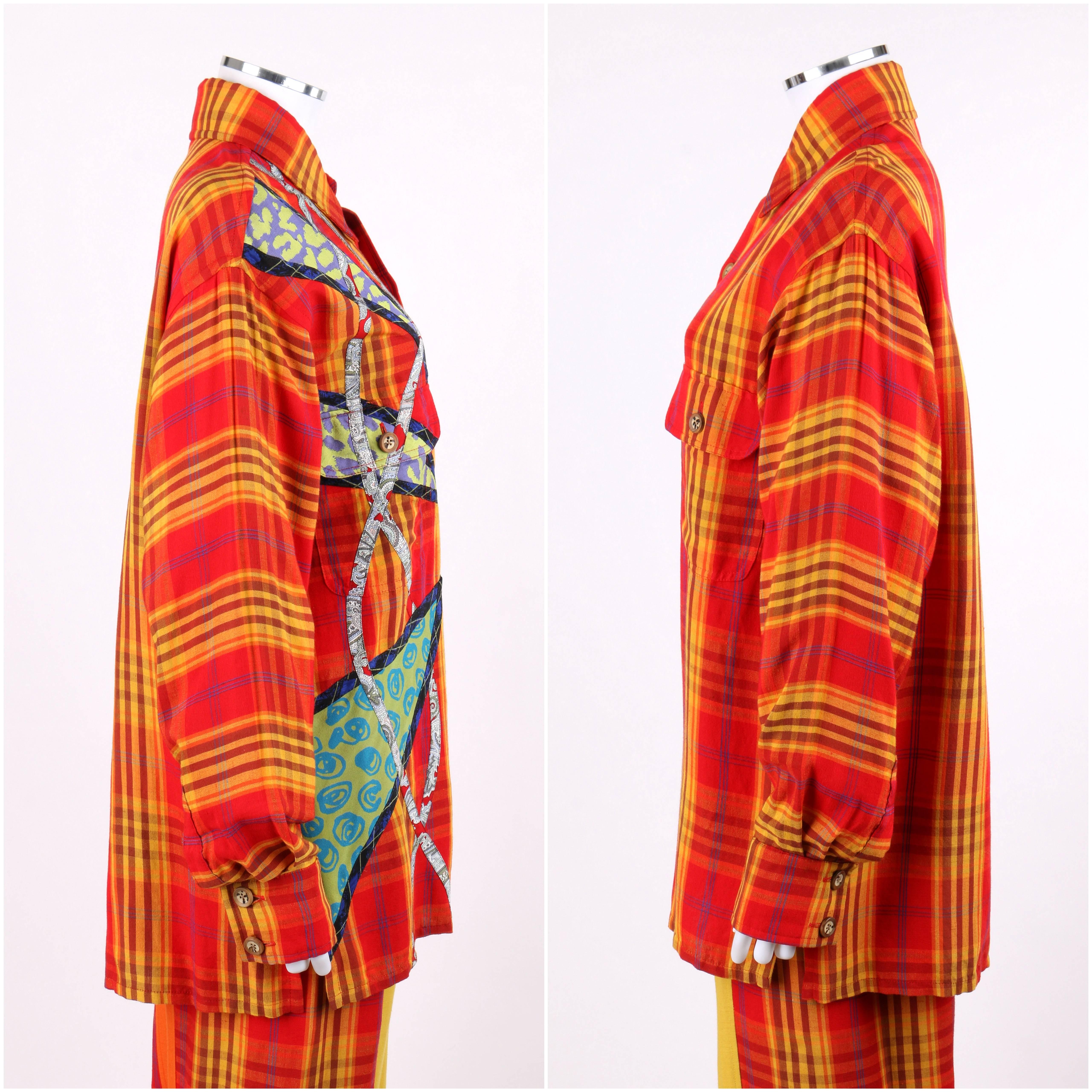 KOOS VAN DEN AKKER c.1980's 2 Pc Plaid Patchwork Button Up Shirt Pants Suit Set In Excellent Condition In Thiensville, WI