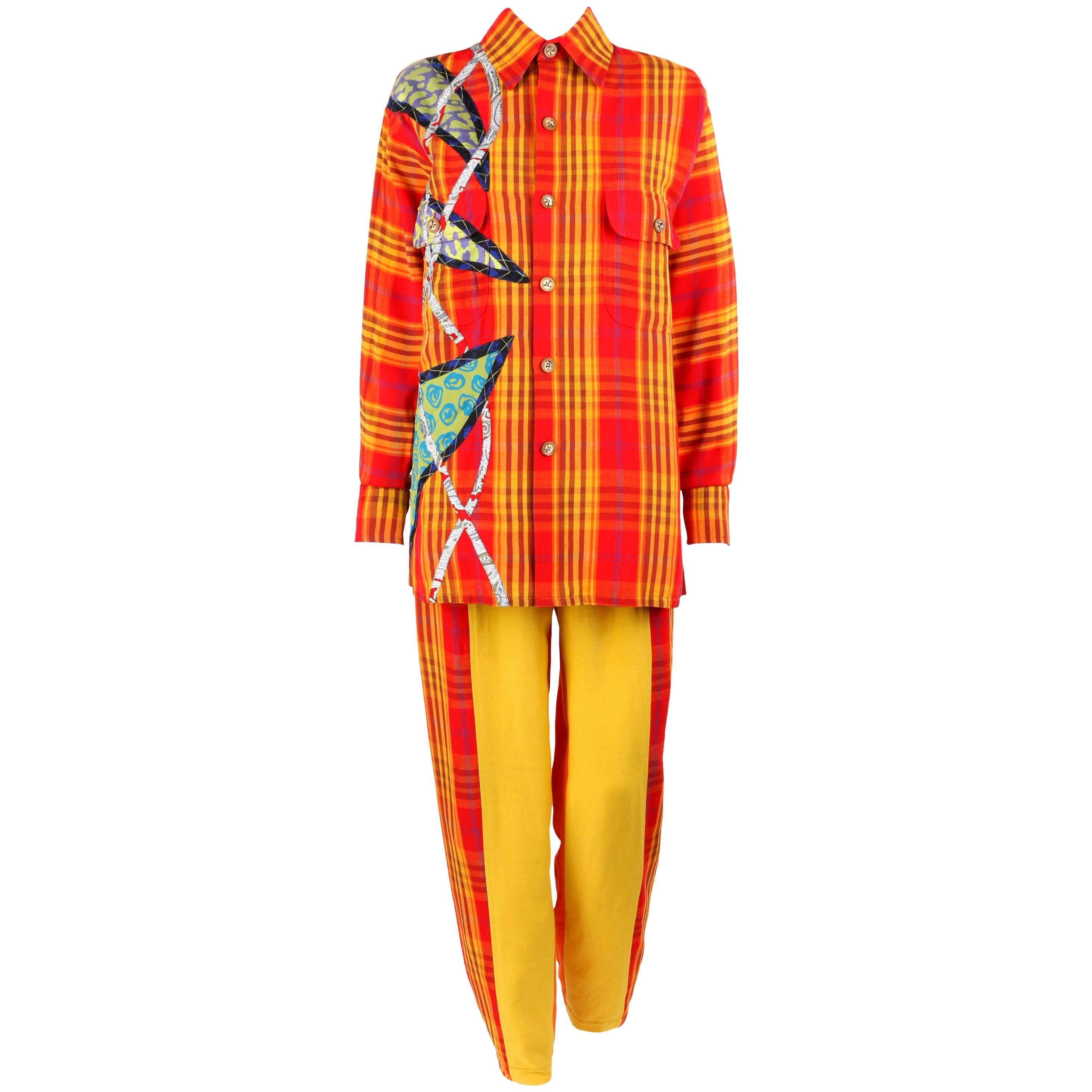 KOOS VAN DEN AKKER c.1980
s 2 Pc Plaid Patchwork Button Up Shirt Pants Suit Set