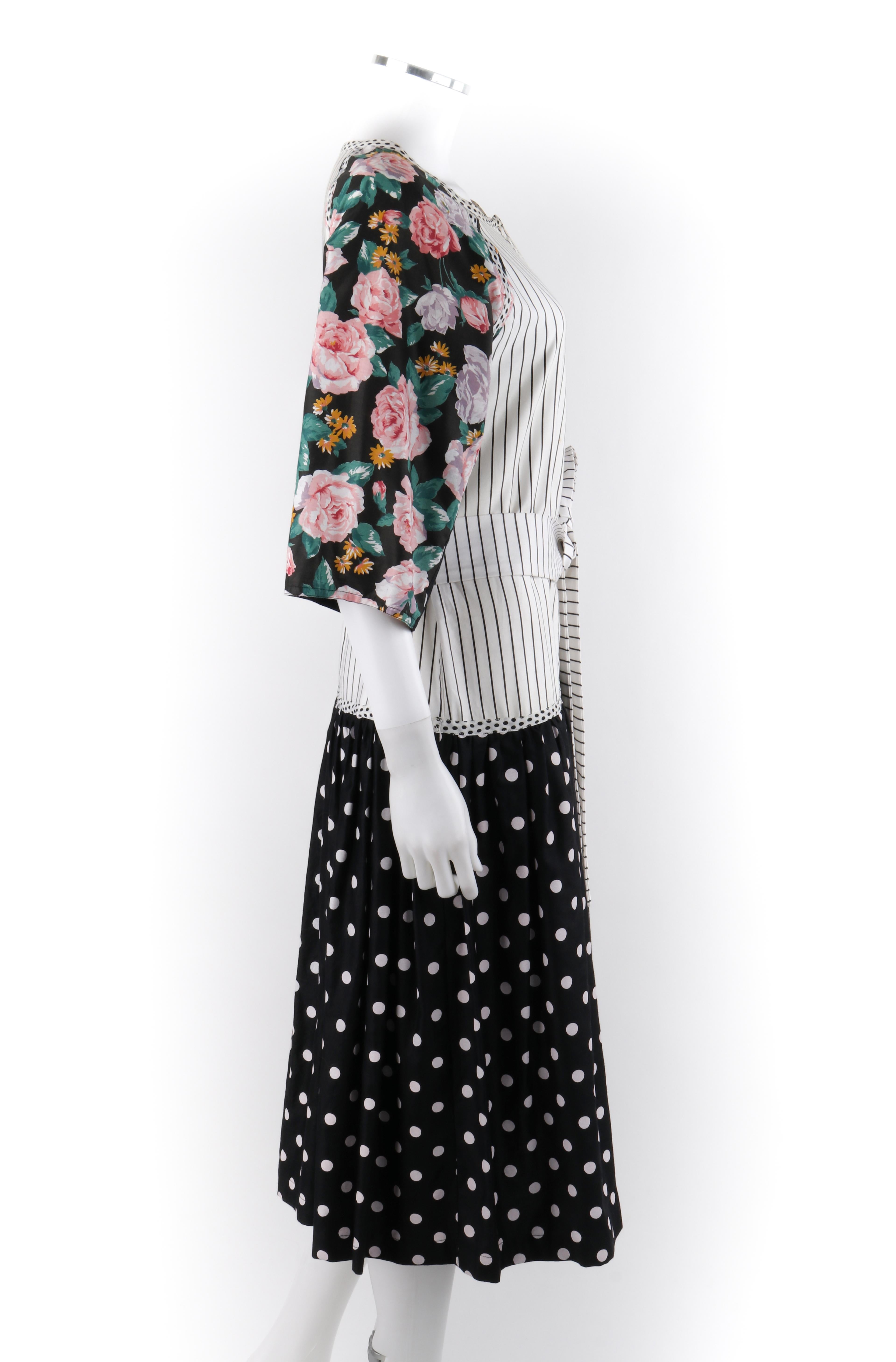 Black KOOS VAN DEN AKKER c.1980's Floral Stripe Mod Art Mixed Print Belted Shift Dress