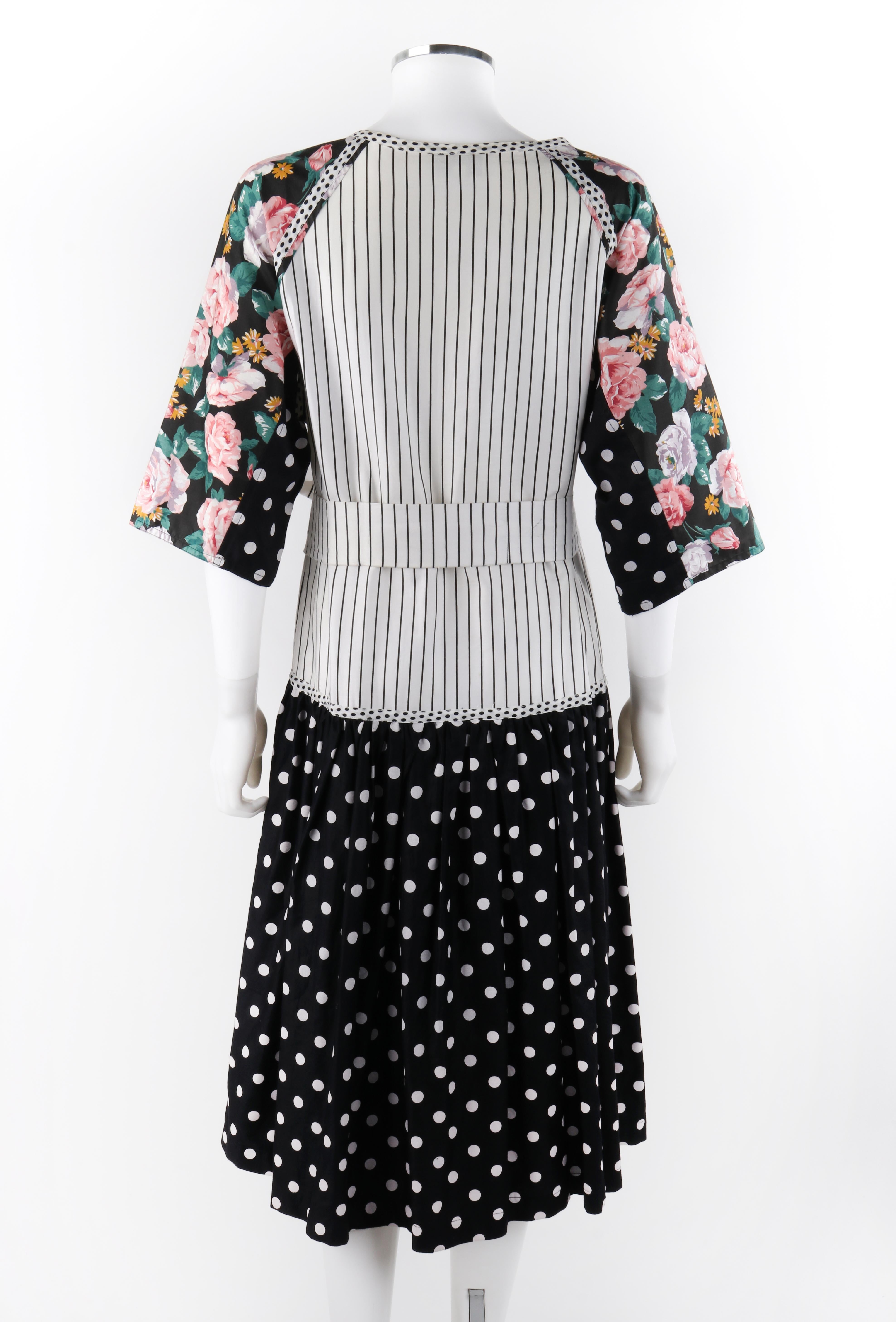 KOOS VAN DEN AKKER c.1980's Floral Stripe Mod Art Mixed Print Belted Shift Dress In Fair Condition In Thiensville, WI
