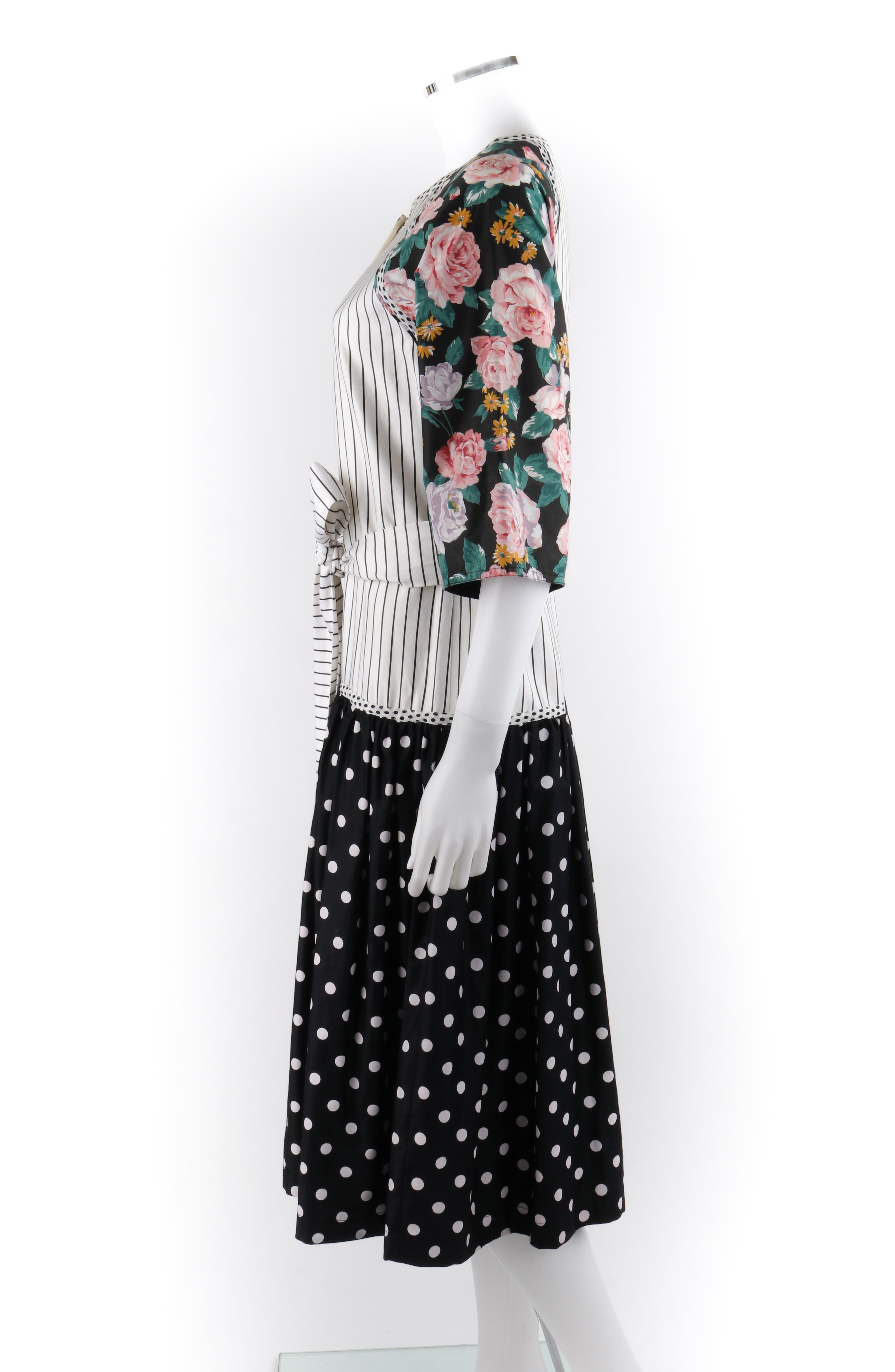 Women's KOOS VAN DEN AKKER c.1980's Floral Stripe Mod Art Mixed Print Belted Shift Dress