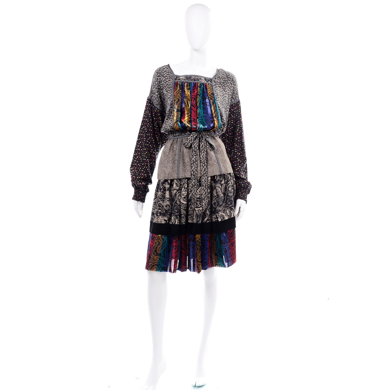 We absolutely love this vintage Koos Van den Akker couture two piece dress! We have always admired the ability Van den Akker had to mix textures and designs into a cohesive pattern. This incredible collage style print outfit includes a  skirt and a