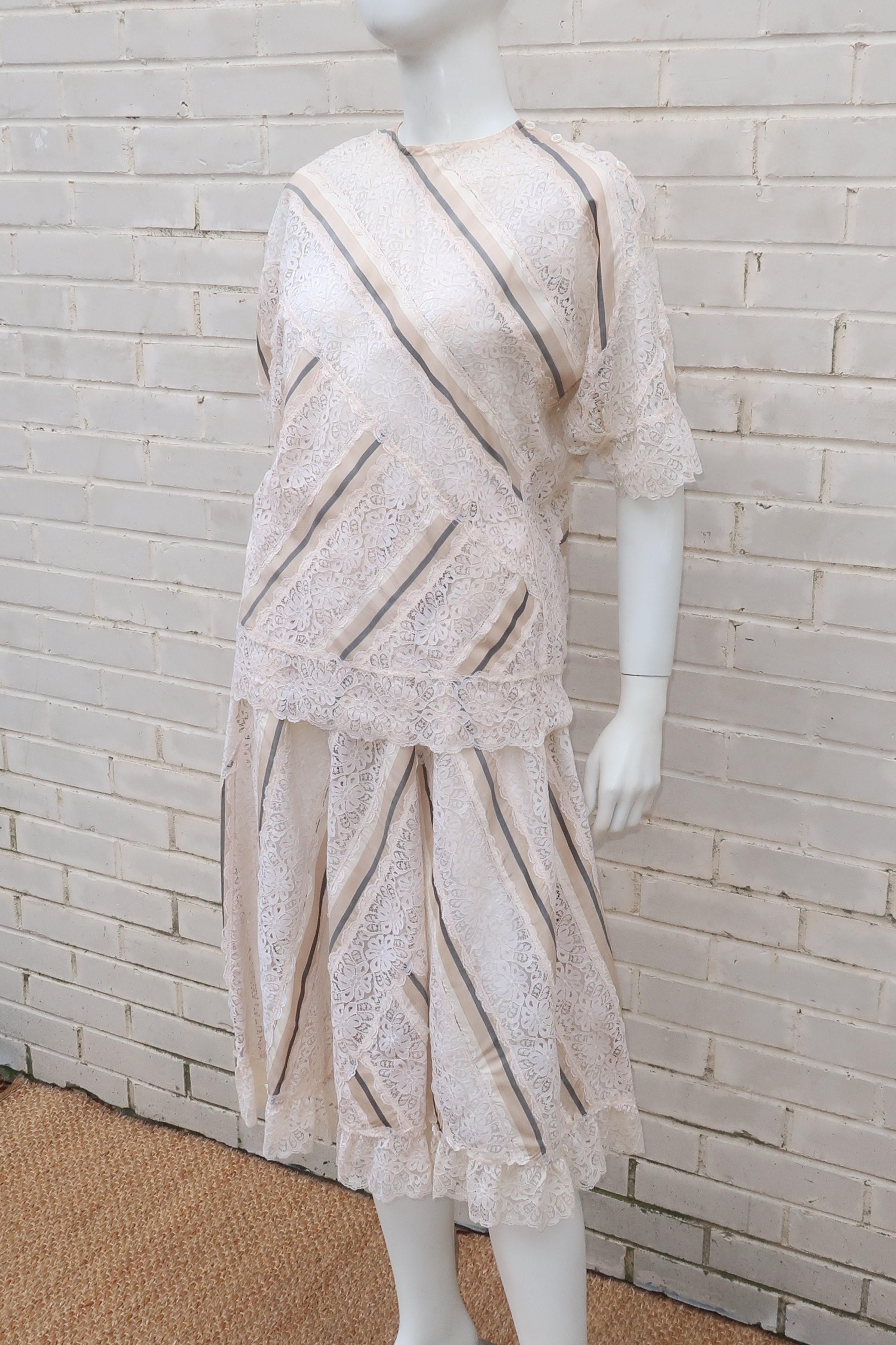 Koos Van den Akker Silk & Lace Patchwork Two Piece Dress, 1980's In Good Condition In Atlanta, GA