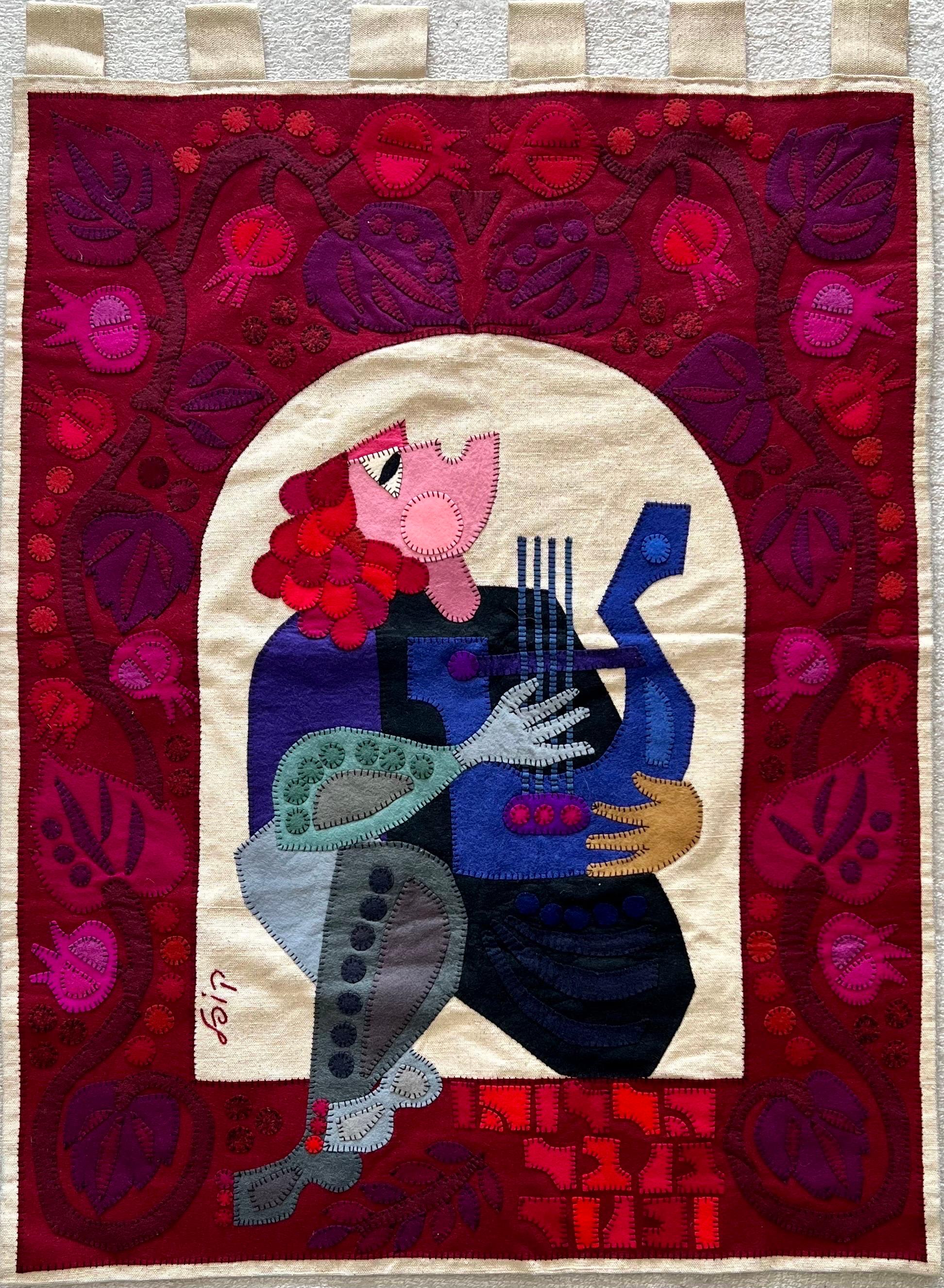 Wool Felt Applique Israeli Folk Art Signed Tapestry Kopel Gurwin Bezalel School For Sale 1