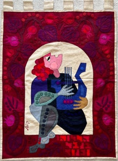 Applique en feutre de laine d'art populaire israélien signée de l'école Kopel Gurwin Bezalel