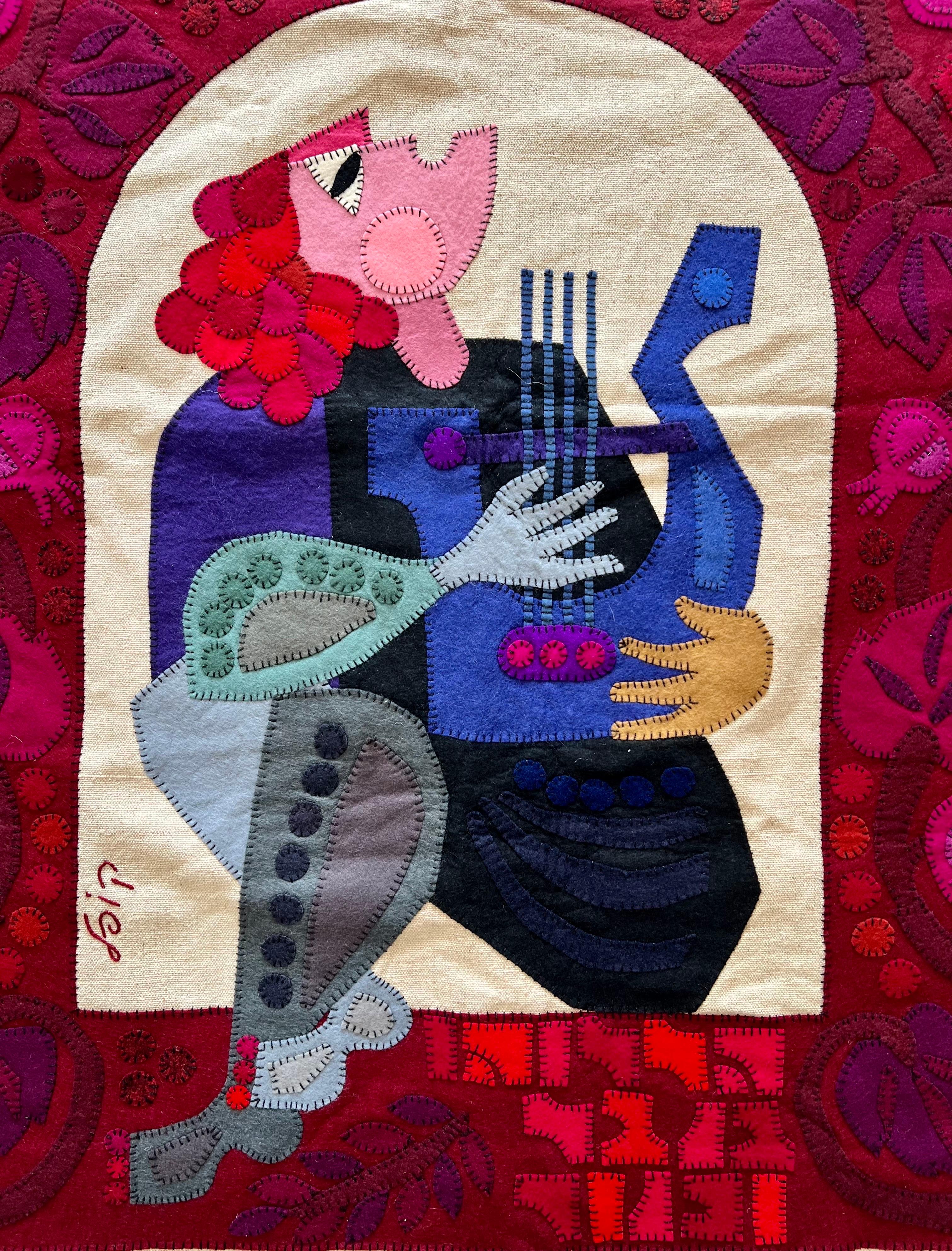 Wool Felt Applique Israeli Folk Art Signed Tapestry Kopel Gurwin Bezalel School For Sale 4
